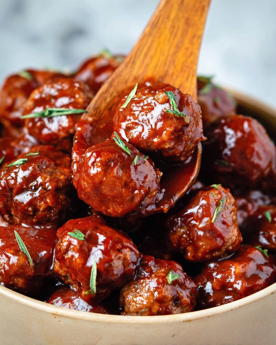 The image shows a close-up of many small, round meatballs covered in thick, glossy reddish-brown sauce with a few small green herb pieces scattered on top. The meatballs are piled together in a white bowl, and a wooden spoon with a long, light brown handle is partially submerged, lifting one meatball. The sauce looks smooth and shiny, coating the meatballs evenly, and the meatballs have a lightly textured surface under the sauce. The background is a white marbled texture. photo taken with an iphone --ar 4:5 --v 7