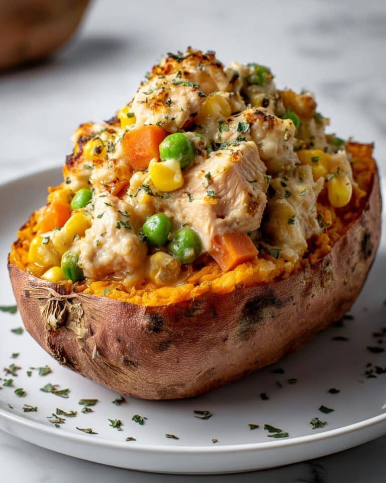 Creamy High-Protein Chicken Pot Pie Stuffed Sweet Potatoes Recipe