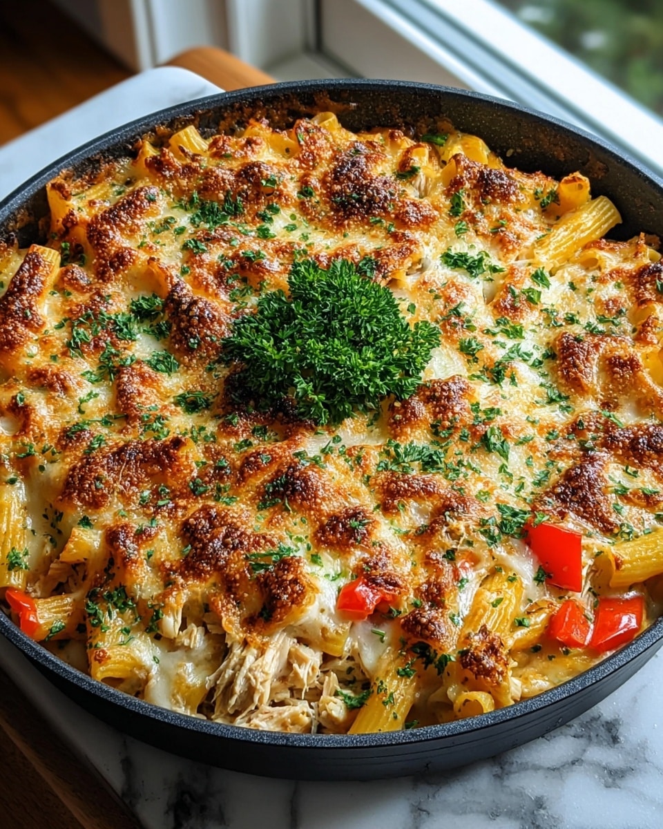 A thick square slice of baked pasta sits on a white plate, showing three main layers: the bottom layer is creamy white cheese sauce with small red bell pepper pieces and visible short pasta tubes; the middle layer is a mix of tender shredded chicken chunks and pasta coated in creamy sauce; the top layer is golden brown melted cheese with a slightly burnt, crispy texture, sprinkled with chopped green herbs. Fresh parsley garnishes the plate around the slice. The background is softly blurred, highlighting the dish’s textures and colors. Photo taken with an iphone --ar 4:5 --v 7