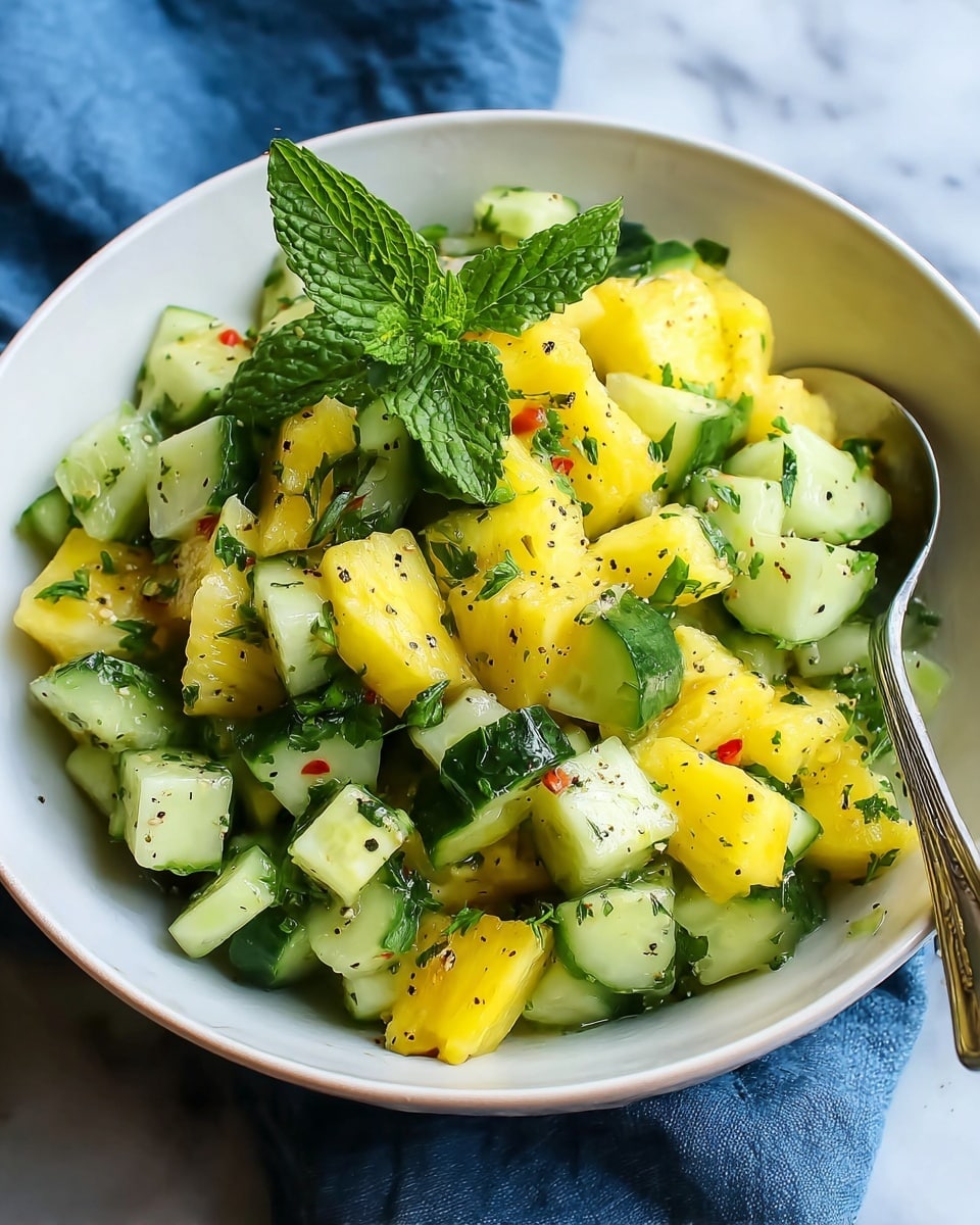 A white bowl filled with a fresh salad made of roughly chopped cucumber pieces with dark green skin and light green flesh, and bright yellow pineapple chunks evenly mixed. The salad is sprinkled with finely chopped green herbs and black pepper, adding texture and color contrast. A sprig of fresh mint with vibrant green leaves sits on top as garnish. A silver spoon is placed inside the bowl, which is set on a white marbled surface with a blue cloth nearby. Photo taken with an iphone --ar 4:5 --v 7