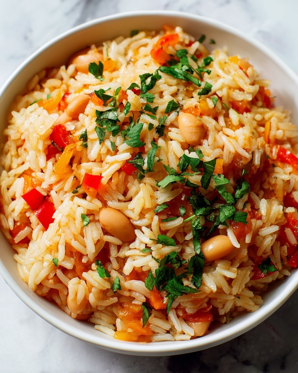 A close-up view of a colorful dish made with three main layers: the base consists of long, cooked white rice grains mixed with small diced pieces of red and yellow bell peppers, finely chopped translucent onions, and small light beige beans scattered throughout. The rice layer has an orange tint from seasoning and sauce, giving it a warm look. Over the rice and beans, there are pieces of bright green leafy herbs sprinkled evenly, adding freshness. The textures vary from soft rice grains, smooth beans, to slightly crisp bell peppers, all blending in a white bowl set on a white marbled surface. photo taken with an iphone --ar 4:5 --v 7