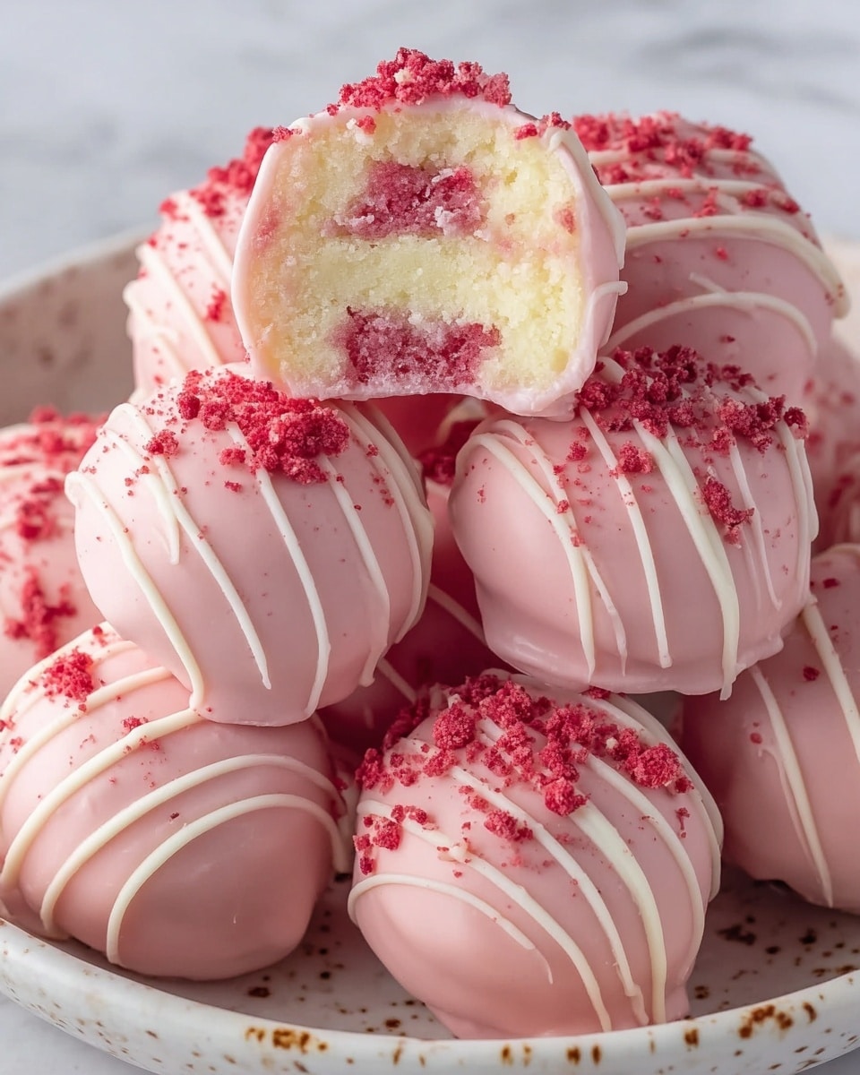 The image shows a close-up of several round pink cake balls stacked together. Each cake ball has a smooth outer layer of pale pink icing with thin white icing lines drizzled across the top. Small red cake crumbs are sprinkled over the surface of each cake ball, adding texture and color contrast. One cake ball is cut in half and placed on top, revealing three layers inside: a creamy white top layer, a middle layer made of pink cake mixed with red crumbs, and a white bottom layer. The cake balls rest on a white plate with brown speckles on a white marbled texture background. Photo taken with an iphone --ar 4:5 --v 7