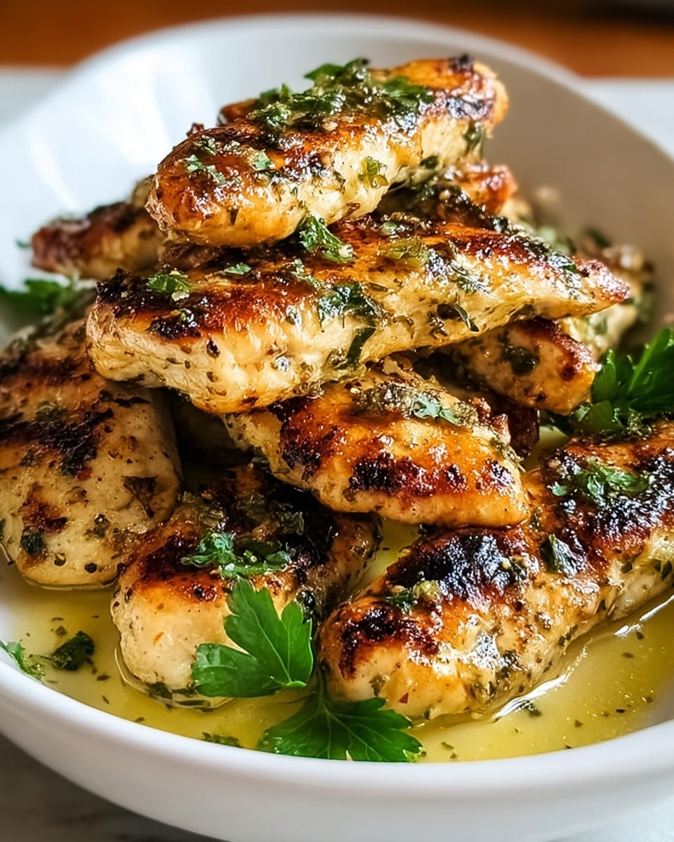 A white dish filled with several pieces of golden brown, grilled chicken tenders stacked on top of each other, each piece showing crispy, slightly charred edges with herbs cooked into the surface. The chicken is coated lightly with a glossy sauce that pools around the bottom, and fresh green parsley leaves are scattered on top and around the chicken for a fresh touch. The background is a white marbled texture, making the rich colors of the chicken and herbs stand out. photo taken with an iphone --ar 4:5 --v 7