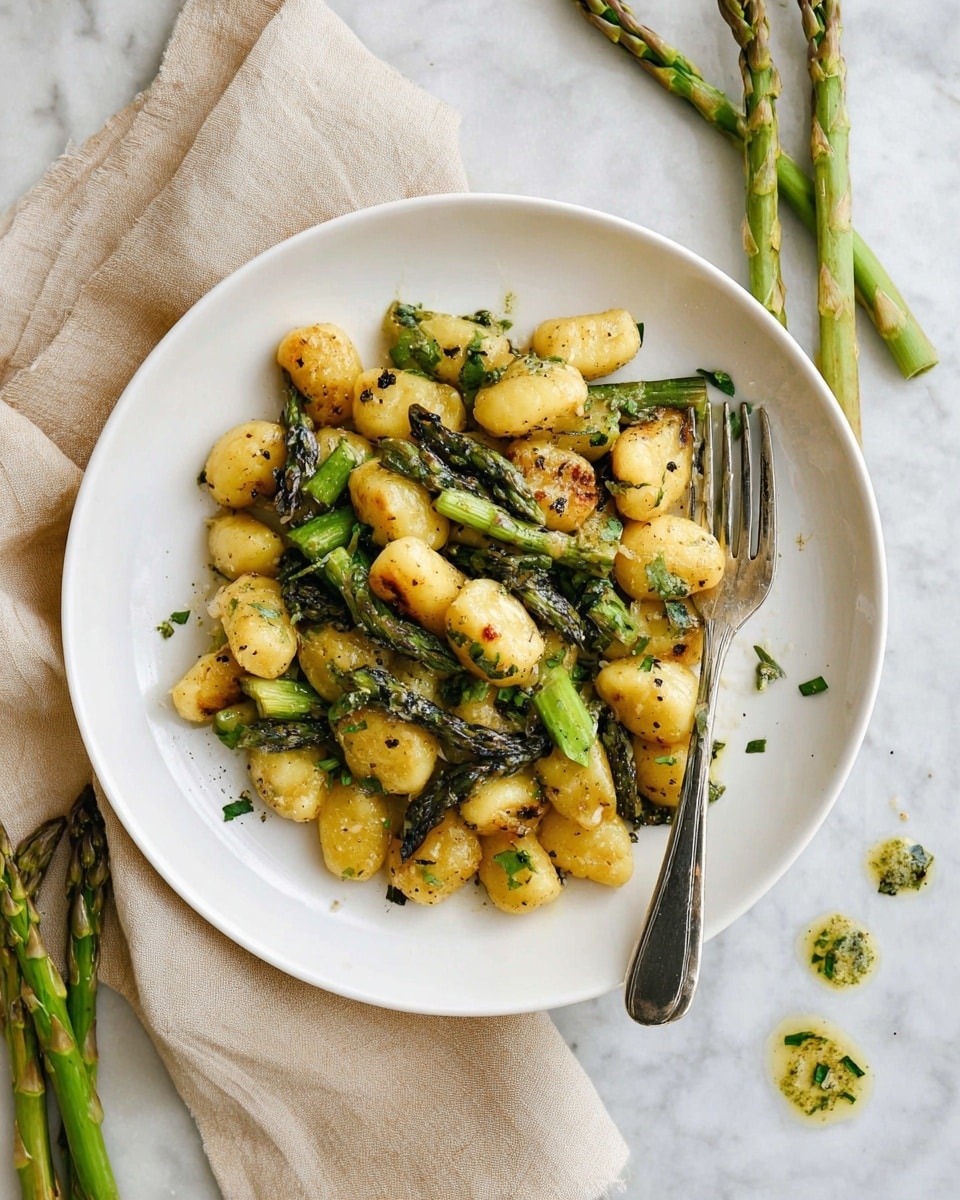 A white plate filled with golden-brown gnocchi mixed with green asparagus pieces that have charred spots, giving a roasted look; the gnocchi are plump and have a slightly crispy texture, while the asparagus stalks are cut into medium-sized sections. The dish is sprinkled with herbs and black pepper, adding small dark flecks throughout. A shiny silver fork sits on the right side of the plate, partially resting on the gnocchi. The plate is placed on a white marbled surface with a beige cloth to the left and a few asparagus stalks around it. There are small dollops of herb butter or sauce spread randomly on the surface near the plate. photo taken with an iphone --ar 4:5 --v 7