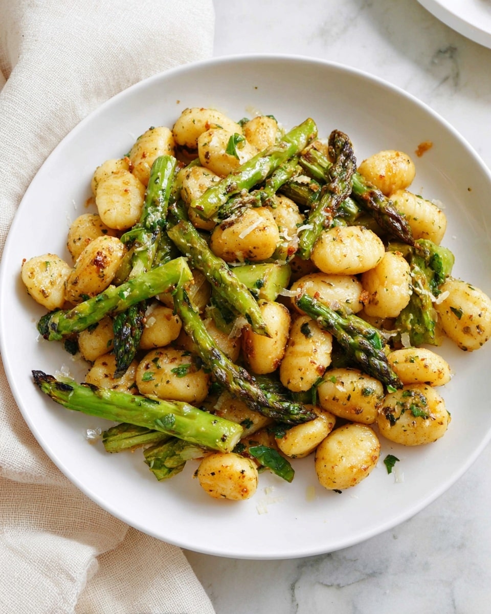 A white plate holds a dish of golden-brown gnocchi mixed with green asparagus pieces. The gnocchi are round, slightly crispy, and speckled with herbs, while the asparagus is cut into short segments, showing both tender stalks and tips with a charred texture. The ingredients appear coated in a light oil or sauce that glistens softly, with visible small herb flakes adding texture. The plate rests on a white marbled surface with a light cream cloth partially visible in the background. Photo taken with an iphone --ar 4:5 --v 7