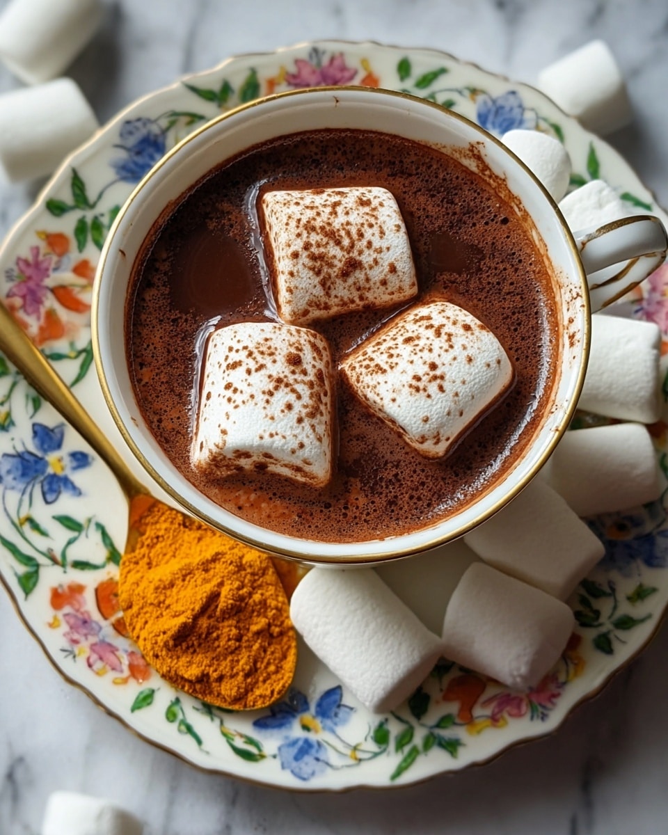A white cup filled with dark brown hot chocolate topped with three large white marshmallows sprinkled with light brown cocoa powder, sitting on a white saucer decorated with colorful floral patterns in blue, green, and red. Surrounding the cup on the saucer are more white marshmallows, and a gold spoon filled with bright orange turmeric powder rests on the edge of the saucer. The scene is set on a white marbled surface. photo taken with an iphone --ar 4:5 --v 7
