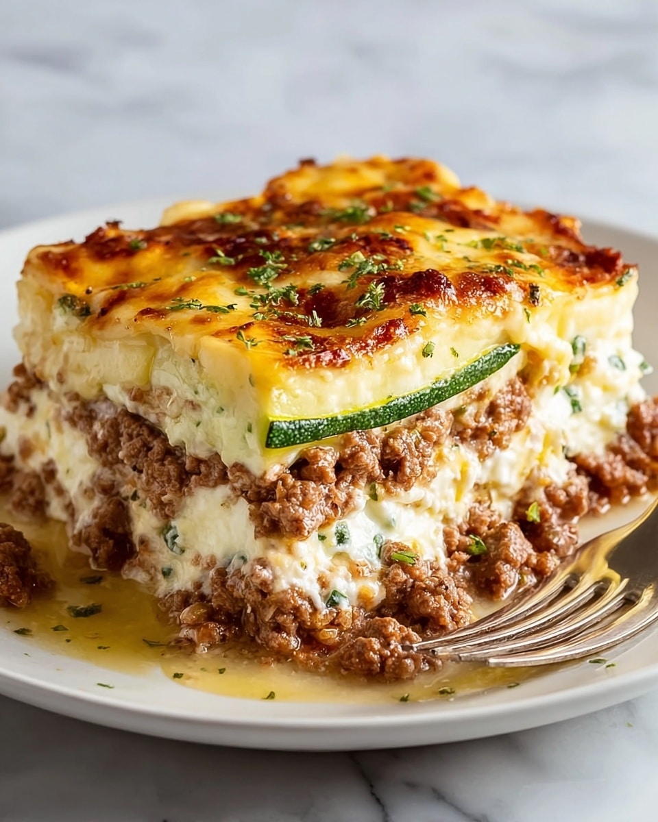A close-up of a slice of lasagna on a white plate with a white marbled texture background. The dish has four main layers: at the bottom, a browned ground meat layer in small chunks with a slightly oily texture; above it, a thick creamy white cheese layer mixed with small bits of herbs; next, a thin green zucchini slice adding a fresh color contrast; and on top, a golden-brown melted cheese layer with some darker browned spots and sprinkled green herbs. The lasagna is moist with a bit of sauce seeping out at the bottom, and a fork rests on the right side of the plate. photo taken with an iphone --ar 4:5 --v 7