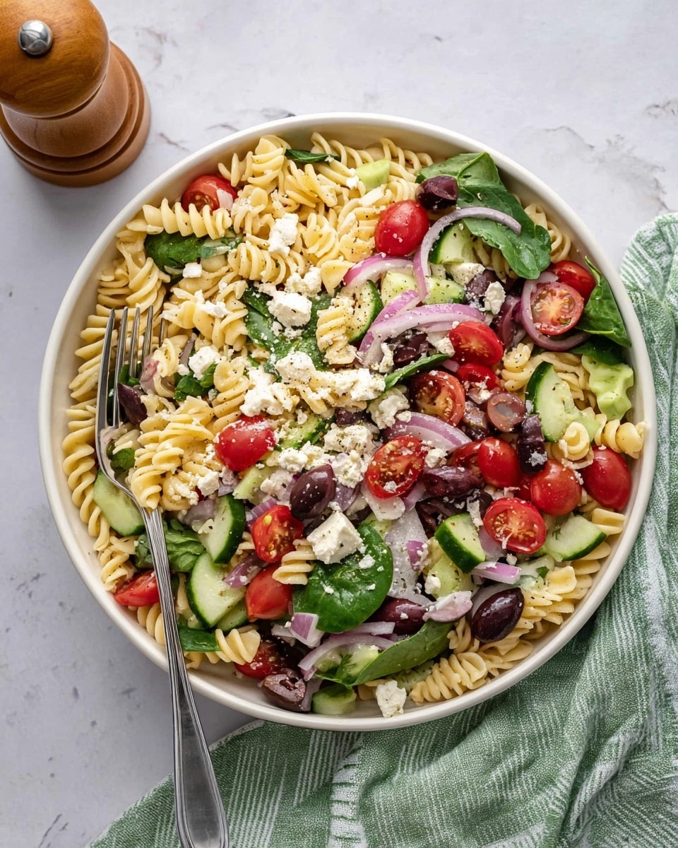 A large white bowl filled with a colorful pasta salad layered with pale yellow spiral rotini pasta as the base, topped with bright red halved cherry tomatoes, dark purple sliced olives, green cucumber chunks, fresh green spinach leaves, thin slices of light purple red onion, and scattered white crumbled feta cheese. The salad has a light sprinkle of black pepper throughout. A silver fork is partially inserted on the left side of the bowl. The bowl sits on a green and white striped cloth over a white marbled surface, with a wooden pepper grinder in the top left background. photo taken with an iphone --ar 4:5 --v 7