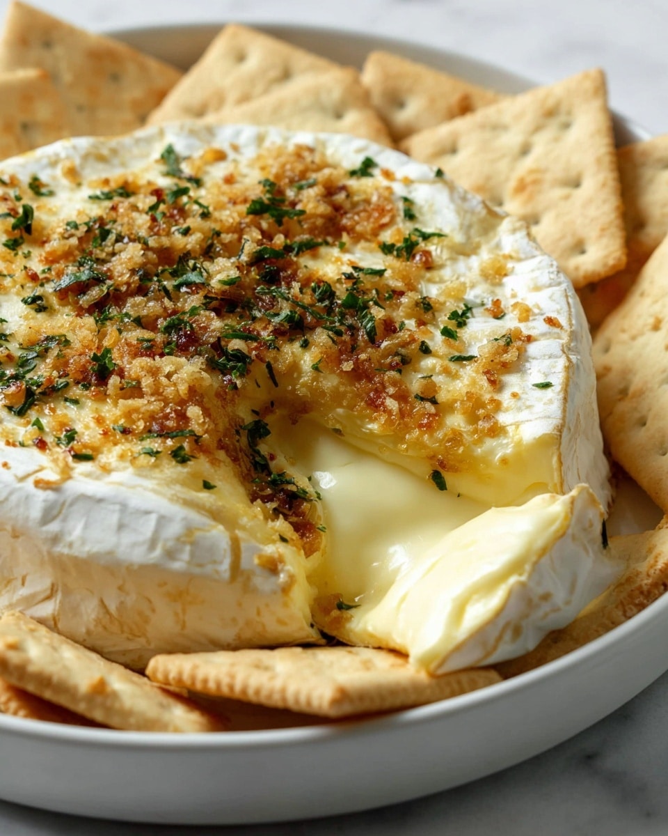 A close-up of a round baked Camembert cheese in a white shallow dish surrounded by square light beige crackers. The cheese has a soft, creamy pale yellow inside layer visible where a wedge has been cut out. The top layer of the cheese is golden brown and covered with small crunchy bits of toasted garlic and chopped green herbs scattered evenly. The white rind of the cheese is smooth and intact on the outside edges. The dish sits on a white marbled surface. photo taken with an iphone --ar 4:5 --v 7