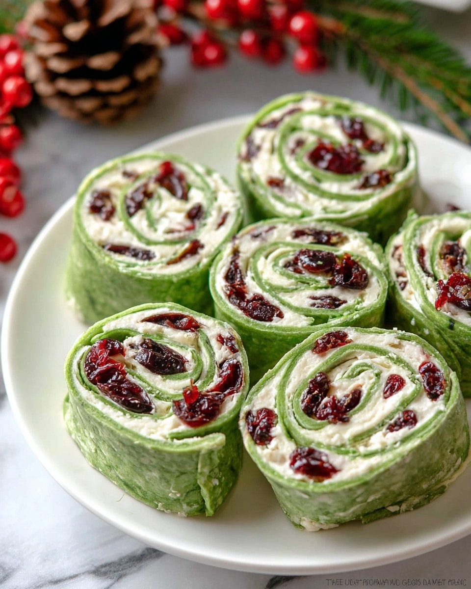 Seven green spinach wrap pinwheels are placed closely together on a white decorative plate. Each pinwheel has two main layers: the outer green spinach wrap and an inner creamy white cheese layer filled with scattered dark red dried cranberries, creating a spiral pattern within each piece. The plate sits on a white marbled surface with red berries and a pine cone in the blurred background, adding a festive touch. The overall look is fresh and colorful, with the green, white, and red layers contrasting nicely. Photo taken with an iphone --ar 4:5 --v 7
