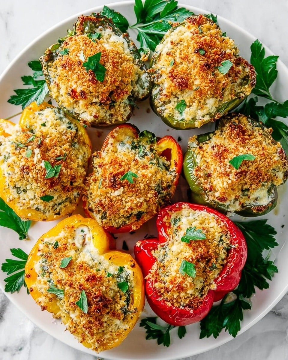The image shows a white round plate filled with seven stuffed bell pepper halves, arranged closely together. Each pepper half is filled with a creamy, slightly greenish mixture topped with a golden-brown crispy breadcrumb layer, giving a crumbly texture on top. The peppers come in three colors: green, yellow, and red, creating a colorful and appetizing look. The filling layer is thick and covers the entire inside of the peppers, while the browned topping has a rough, crunchy texture. Fresh green parsley leaves are placed around the peppers on the white plate as garnish. The plate is set on a white marbled surface. Photo taken with an iphone --ar 4:5 --v 7