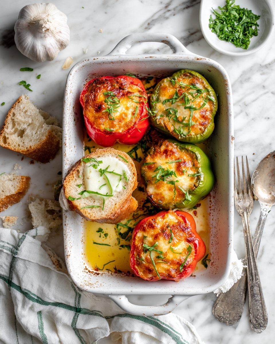 The image shows a white baking dish containing four baked bell pepper halves filled with a golden-brown cheesy mixture. There are two red peppers and two green peppers, all topped with melted cheese that has slight browning and sprinkled with thin strips of fresh green herbs. One stuffed pepper half is resting on a piece of crusty bread, which has a dollop of the cheesy filling on top. The dish has some oil pooling around the peppers, adding a glossy texture. Around the baking dish, there is a torn piece of bread, a metal fork, a small white bowl with chopped green herbs, a garlic bulb, and a white cloth with green stripes, all set on a white marbled surface. Photo taken with an iphone --ar 4:5 --v 7