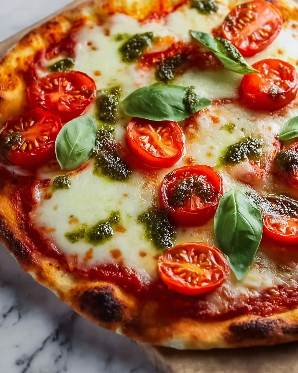 A small flatbread pizza with two slices on a wooden board is shown. The base is a light golden brown crust with some darker baked spots. On top is a thin layer of red tomato sauce. Rounded white mozzarella cheese pieces are placed unevenly over the sauce, melting slightly. Bright red tomato slices sit on top of the cheese, each topped with small green fresh basil leaves scattered across the pizza. Some black pepper and tiny drops of olive oil are sprinkled over the whole pizza. The wooden board contrasts with a white marbled surface barely visible in the corner. Photo taken with an iphone --ar 4:5 --v 7