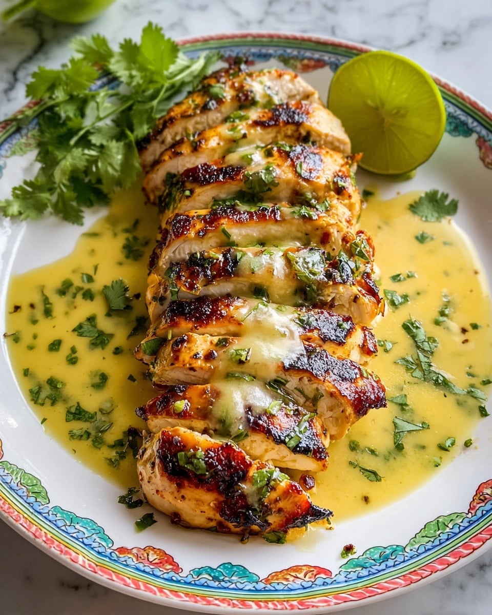 A white plate with a colorful border holds sliced grilled chicken breast arranged in a neat row, six pieces in total. The chicken has a golden brown char with some crispy edges and is topped with a creamy yellow sauce scattered with green chopped herbs. A green lime slice and fresh coriander leaves sit at the back of the plate as garnish. The setup is on a white marbled surface. photo taken with an iphone --ar 4:5 --v 7