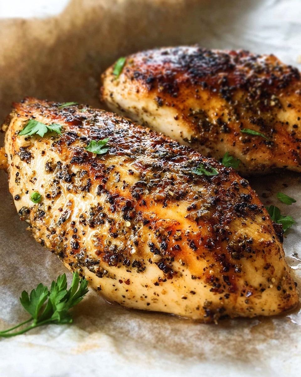 A close-up image of multiple pieces of grilled chicken breast with a golden brown, slightly charred outer layer, showing a juicy, tender, light beige interior; one piece is held by a silver fork with four tines piercing it. The chicken pieces have black pepper flakes and a light glaze shining on their surface, with some pieces stacked and others scattered on a white marbled texture beneath. Photo taken with an iphone --ar 4:5 --v 7