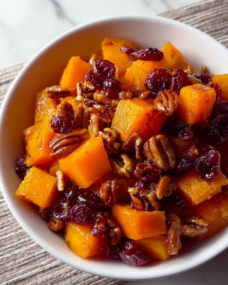 A white bowl is filled with bright orange cubed pieces of cooked squash mixed with shiny, dark red dried cranberries and brown pecans. The squash cubes have a soft texture and a slight gloss from a syrupy glaze that coats the cranberries and pecans, which look crunchy and caramelized. The ingredients are evenly distributed, with some pieces overlapping, creating a colorful contrast between the orange, red, and brown hues. The bowl rests on a white marbled textured surface. photo taken with an iphone --ar 4:5 --v 7