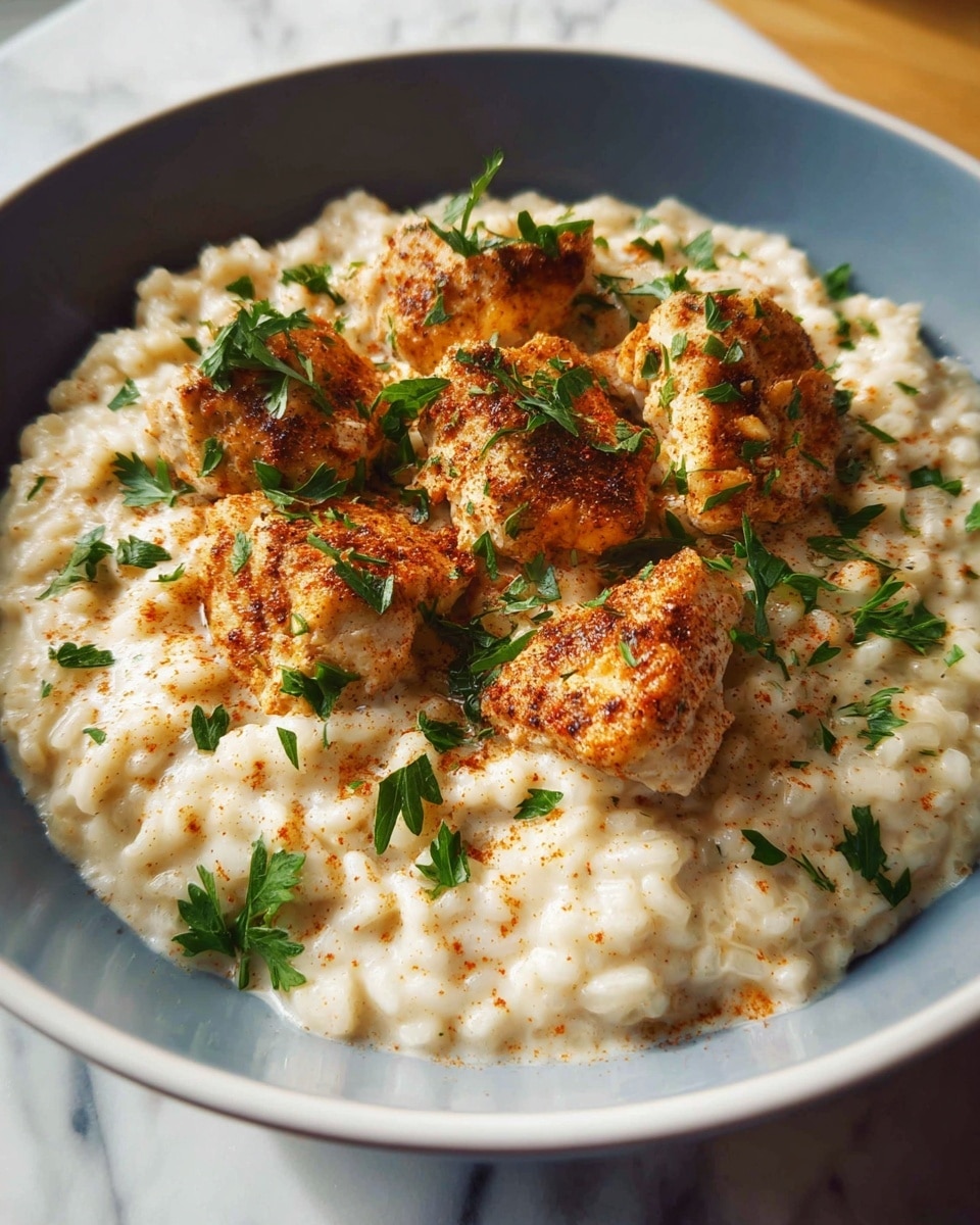 A creamy risotto with a thick, soft texture forms the bottom layer on a white plate. On top, there are several pieces of browned chicken with a light sprinkle of paprika, adding a reddish color and slightly rough texture. Both the risotto and chicken are garnished with small, bright green parsley leaves scattered evenly over the dish. The plate sits on a white marbled surface. photo taken with an iphone --ar 4:5 --v 7