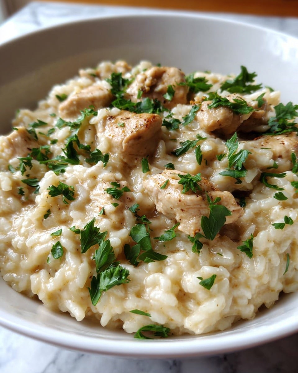 A close-up of a white bowl filled with creamy risotto, where the rice looks soft and slightly glossy. Scattered on top are tender pieces of cooked chicken with a light brown color, partially covered in the creamy sauce. Bright green parsley leaves are sprinkled all over the dish, giving it a fresh look. The bowl is placed against a background of white marbled texture. photo taken with an iphone --ar 4:5 --v 7