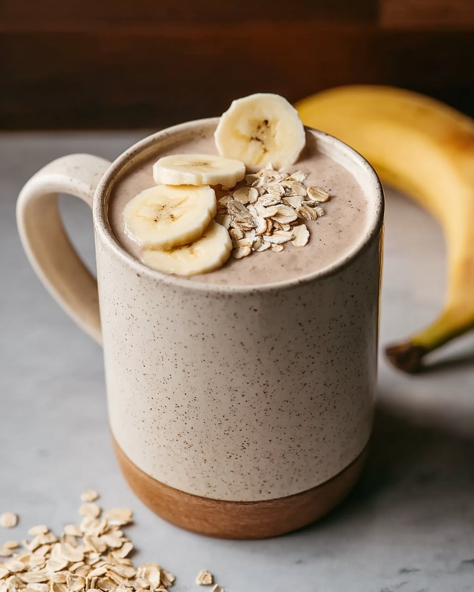 A close-up view of a thick, light brown smoothie in a speckled beige cup with a smooth texture. The top layer features a neat arrangement of three slices of pale yellow banana with visible seeds in the center, resting on a small pile of light beige rolled oats. The cup is placed on a wooden board with some scattered oat flakes and banana slices around it, all set against a white marbled texture background. photo taken with an iphone --ar 4:5 --v 7