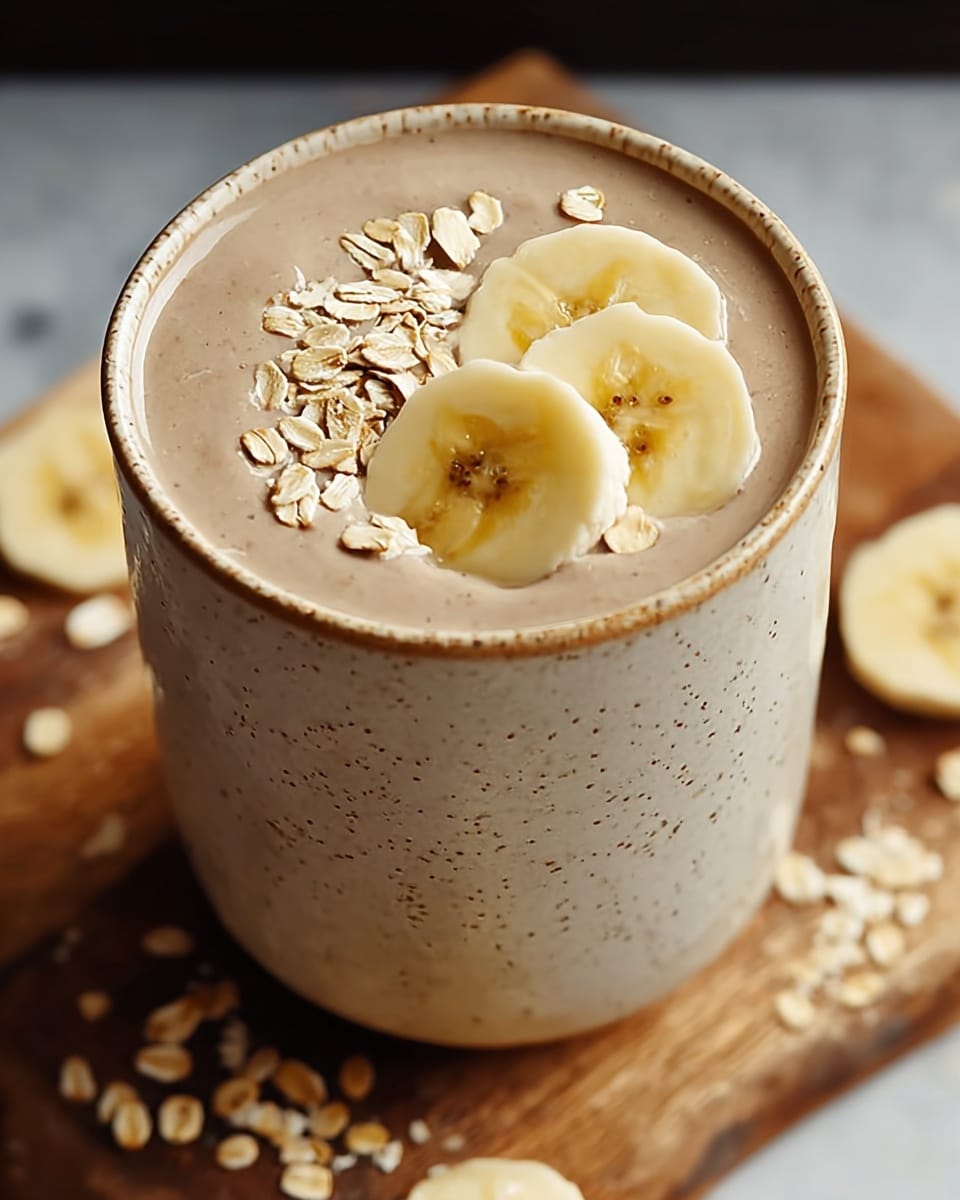 A tall beige speckled ceramic mug with a silver handle holds a creamy light brown smoothie topped with three thin pale yellow banana slices arranged on one side and a small pile of light beige rolled oats on the other side. The mug sits on a white marbled background with part of a blurred banana and oats scattered near it. photo taken with an iphone --ar 4:5 --v 7