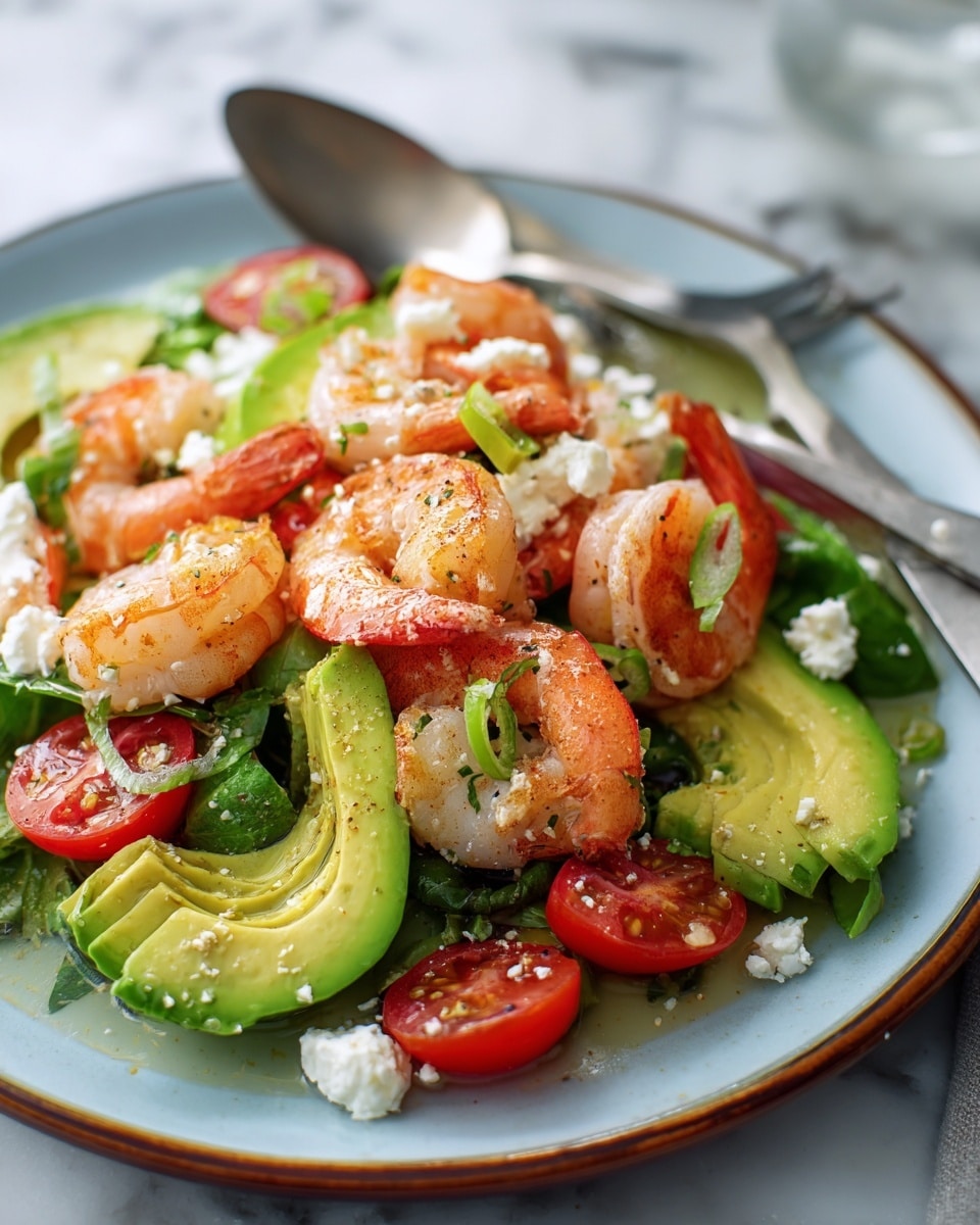 A fresh shrimp salad is shown on a white plate with a thin brown edge, placed on a white marbled surface. The salad has multiple layers: at the bottom, there is a mix of green leafy vegetables and slices of ripe avocado with smooth, light green flesh. Bright red cherry tomato halves are spread throughout, adding color contrast. On top, there are plump, cooked shrimp with a light orange-pink shell and visible seasoning. Small pieces of crumbled white cheese and thinly sliced green herbs or peppers are scattered over the shrimp. The salad appears lightly dressed with a glossy coating, and a fork and spoon rest on the plate's edge in the background. photo taken with an iphone --ar 4:5 --v 7