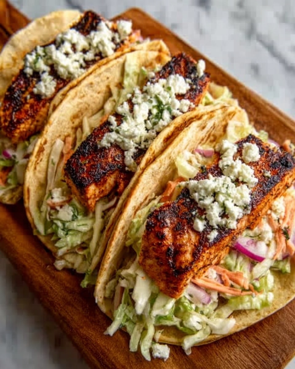 Three fish tacos are lined up on a white plate with a white marbled texture background. Each taco has three visible layers: the bottom layer is shredded light green cabbage, the middle layer is a piece of grilled salmon with a crispy, dark charred surface and pink inside, and the top layer is bright red tomato salsa sprinkled with chopped green herbs and drizzled with creamy white sauce that has green herb specks. The tacos are wrapped in yellow corn tortillas with some black speckles, standing upright supported by a metal taco holder. Around the plate are wedges of lime with bright green skin and a pale green inside. Photo taken with an iphone --ar 4:5 --v 7