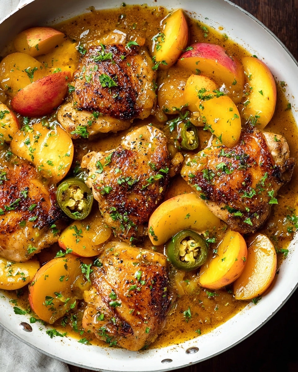 A close-up view of a white skillet filled with six golden-brown cooked chicken thighs topped and surrounded by slices of yellow and red peaches, and green jalapeño slices in a shiny orange-brown sauce with visible herbs and seasoning. The chicken pieces have a crispy texture with a slight char, and the peach slices look soft and juicy. Fresh chopped green parsley is sprinkled over the whole dish, adding a touch of color. The skillet sits on a white marbled surface with some parsley pieces scattered around. photo taken with an iphone --ar 4:5 --v 7
