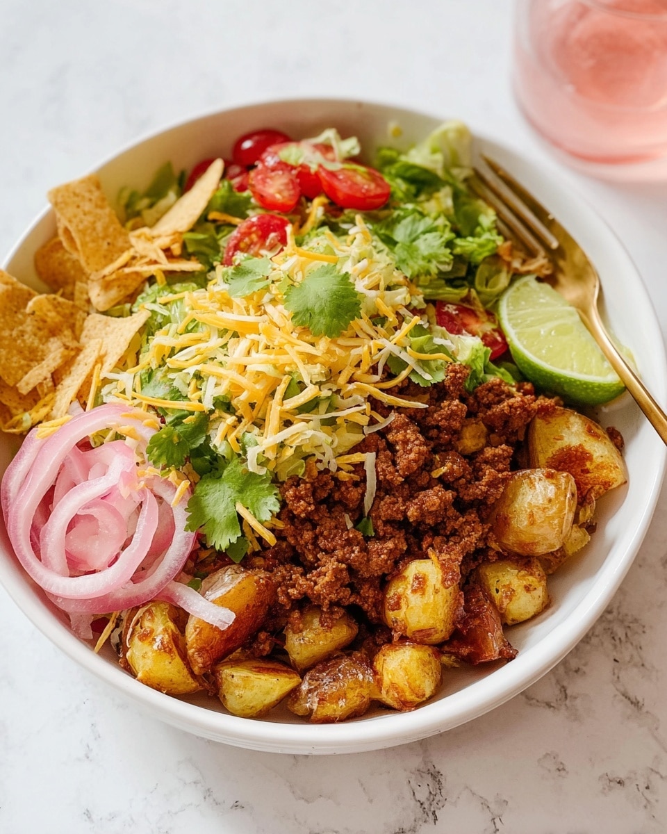 A white bowl filled with layers of roasted golden-brown potatoes as the base, topped with seasoned minced meat, light yellow shredded cheese, fresh green shredded lettuce, bright red halved cherry tomatoes, a scoop of green guacamole, thin pink pickled onions, sliced green jalapeños, chopped fresh cilantro, scattered crispy yellow corn chips, and a small wedge of lime placed on top; a gold fork rests on the right side inside the bowl, all set on a white marbled background with a few yellow corn chips nearby and a small jar of pink pickled onions visible at the bottom right; photo taken with an iphone --ar 4:5 --v 7