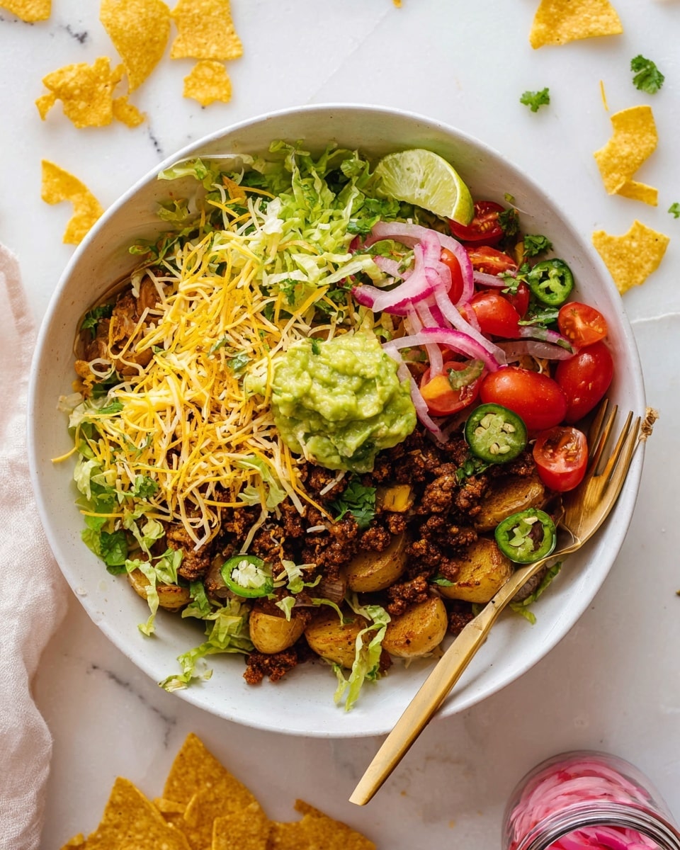 The dish is served in a white bowl filled with several colorful layers: the bottom layer consists of small roasted potatoes with a golden-brown color and a slightly crispy texture; on top of these sits a generous layer of cooked ground meat that is dark brown and crumbly; next, shredded pale yellow cheese is sprinkled unevenly over the meat; fresh, chopped green lettuce mixed with bright red grape tomato halves and green cilantro leaves forms the next layer; thinly sliced pale pink pickled onions are arranged on one side; a wedge of light green lime is placed near the edge of the bowl; small scattered yellow crunchy tortilla chips add texture to the dish. In the background, a golden fork rests inside the bowl on the right side, and a glass of pink liquid is slightly visible. The whole scene is set on a white marbled surface. Photo taken with an iphone --ar 4:5 --v 7