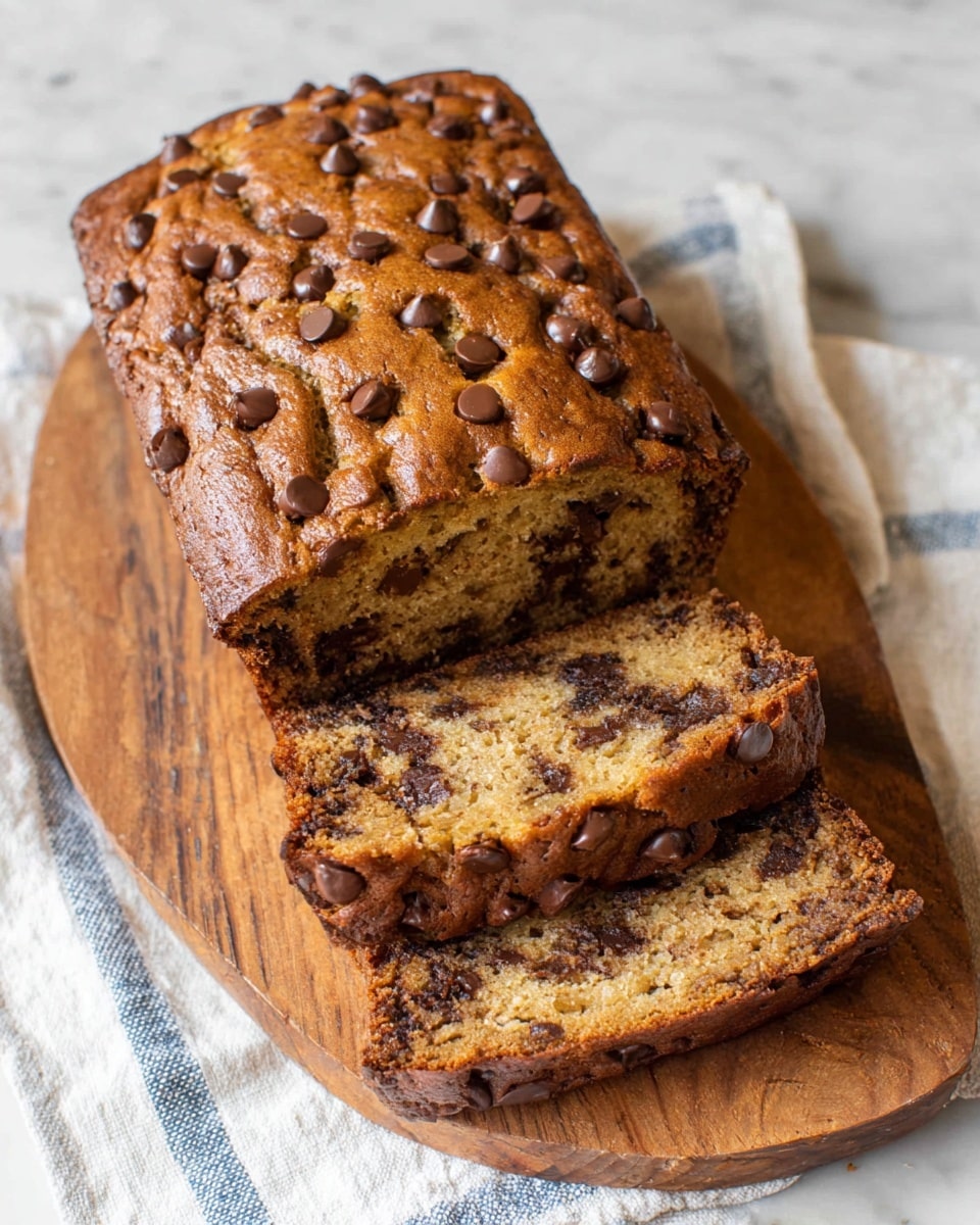 A loaf of banana bread with chocolate chips is shown on a round wooden cutting board. The bread's top is golden brown and textured with many chocolate chips scattered across it. Three slices are cut from the loaf, showing a moist inside with darker chocolate chips spread evenly through the light brown banana bread. The cutting board is placed on a white marbled surface with a white cloth that has blue stripes partially visible under the board. photo taken with an iphone --ar 4:5 --v 7