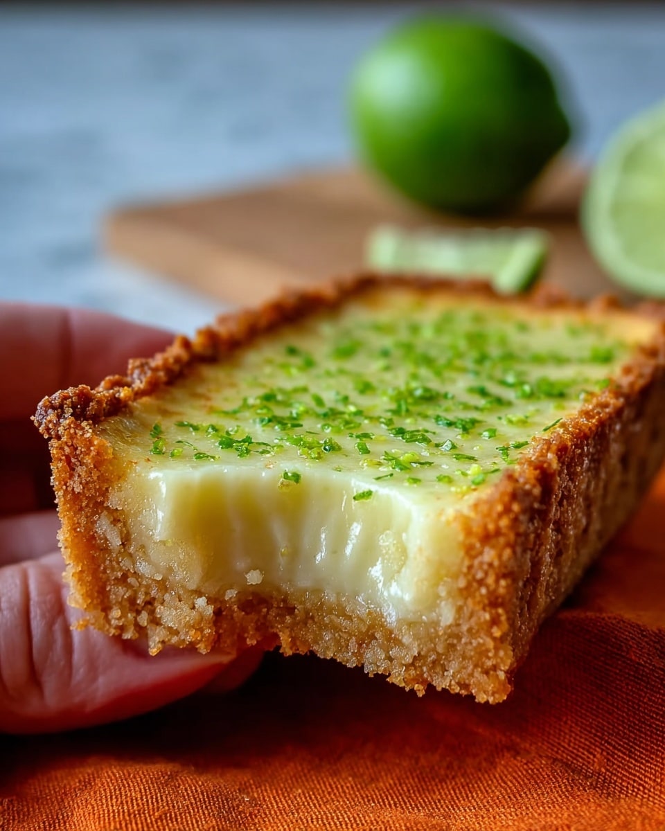 A close-up of a slice of creamy lime tart with a crumbly light brown crust held by woman's hand on the right, showing the tart’s light green filling speckled with finely chopped lime zest, with the whole tart in the background on a white marbled surface with an orange cloth underneath. The tart has one layer of thick, smooth lime filling sitting on top of the crunchy crust, and the filling looks shiny and moist. Photo taken with an iphone --ar 4:5 --v 7
