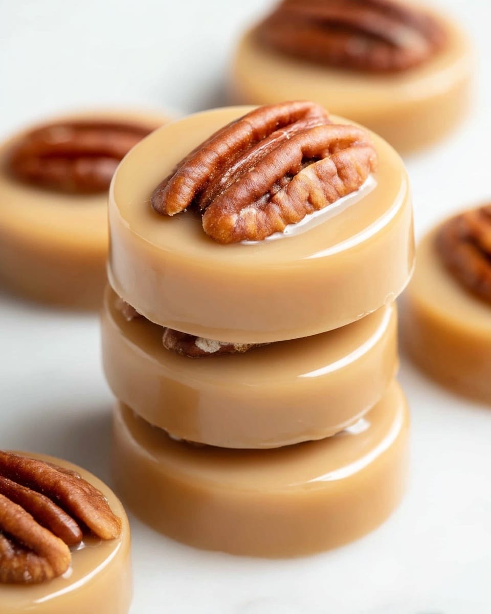 The image shows a close-up of a small stack of round, smooth, creamy light brown candies with a glossy finish. Each candy has two pecan halves placed on top, with the pecans’ rich brown color and textured surface contrasting the smooth candy base. The stack consists of three candies, neatly aligned, with a few more candies blurred in the background. All candies rest on a white surface with a soft white marbled texture, making the colors pop. photo taken with an iphone --ar 4:5 --v 7