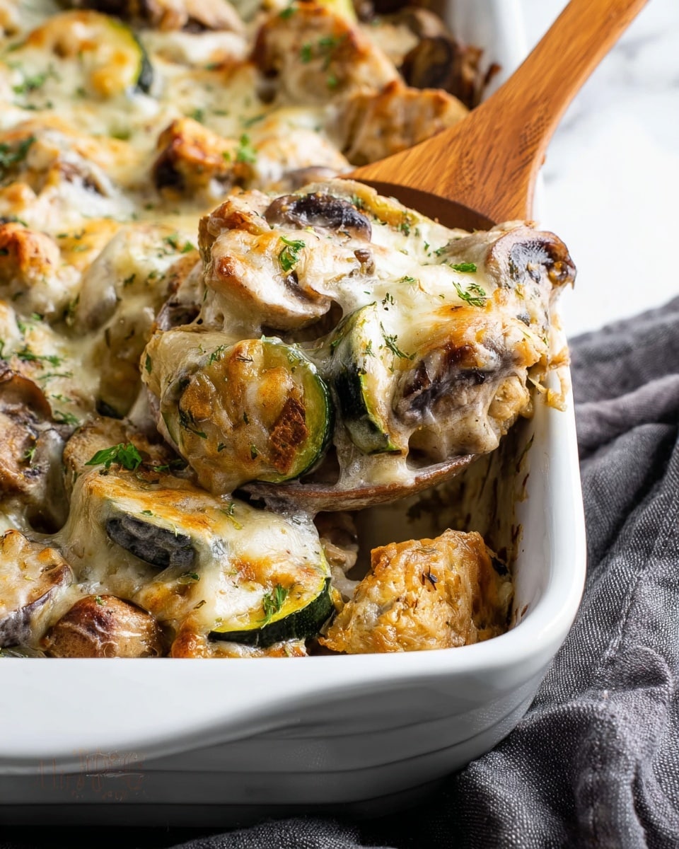 The image shows a baked casserole in a white rectangular dish, with two main layers visible on top. The bottom layer has cooked slices of green zucchini and browned mushrooms, both soft and textured, mixed with pieces of browned chicken. The top layer is melted, golden-brown cheese that covers most of the vegetables and chicken, bubbling slightly at the edges and sprinkled with small green parsley leaves for color. The dish sits on a white marbled surface, with fresh zucchini and a small wooden bowl of chopped parsley nearby. photo taken with an iphone --ar 4:5 --v 7