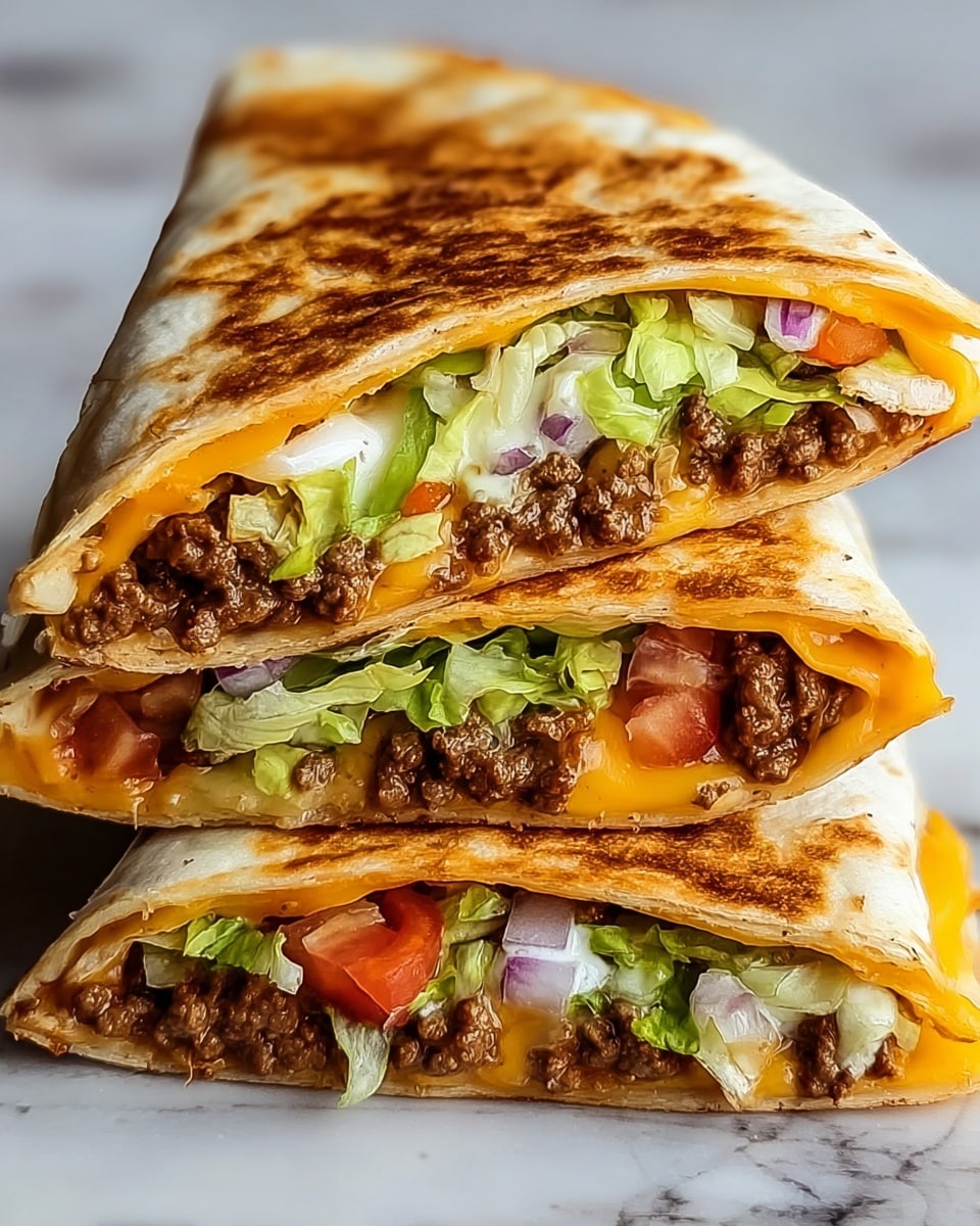 The image shows a stack of three folded quesadilla halves placed on a white marbled surface. Each quesadilla has a golden-brown crispy outer tortilla layer, with layers inside consisting of melted orange cheddar cheese, small pieces of browned ground beef, green shredded lettuce, and some white melted cheese or sauce. The middle quesadilla also has visible chunks of red tomato and small bits of purple onion. The layers are visible from the side, showing a mix of textures from crispy to gooey and fresh. photo taken with an iphone --ar 4:5 --v 7