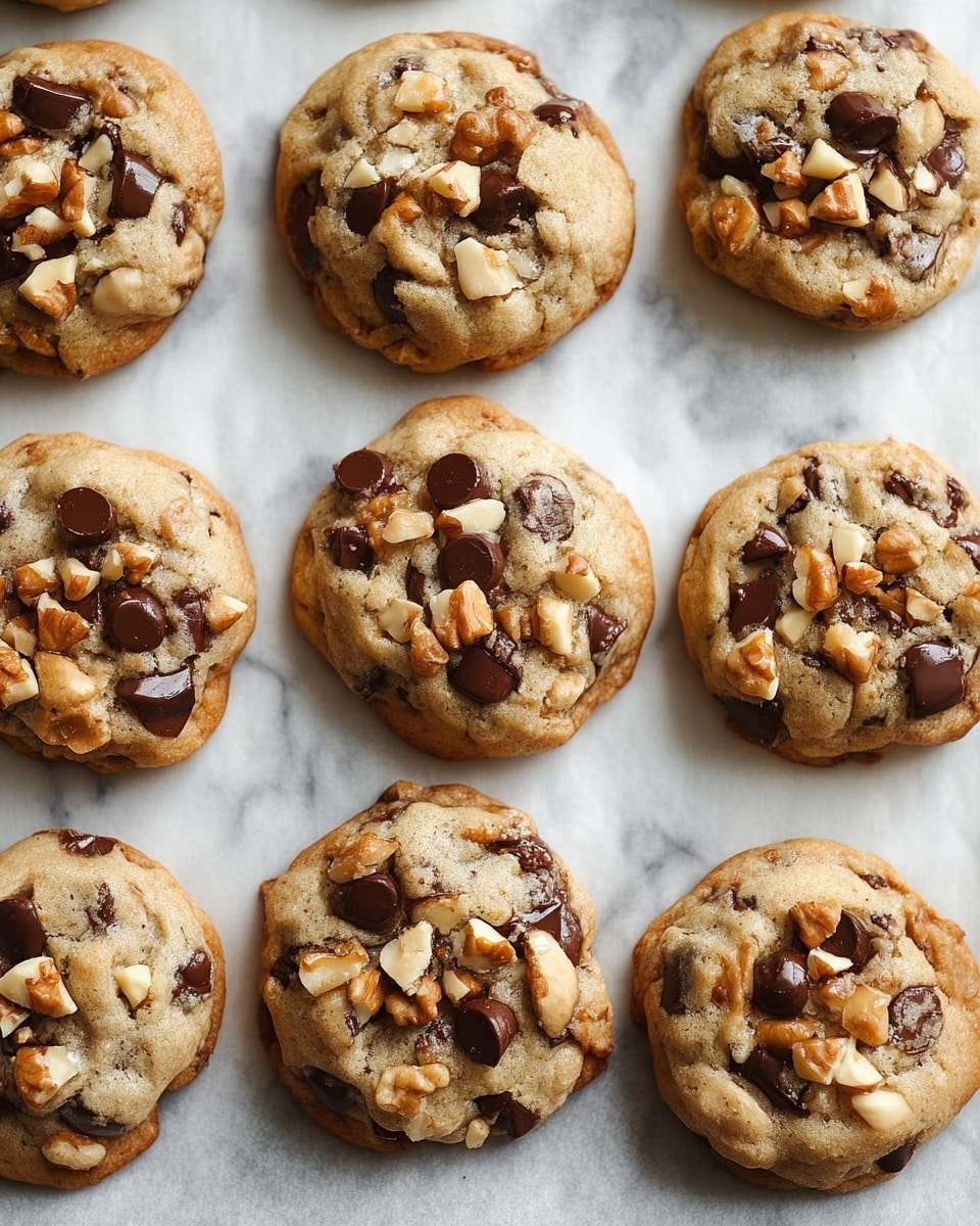 A close-up of two thick chocolate chip cookies stacked on top of each other on a white plate, with the top cookie broken in half to show the gooey melted chocolate and pieces of chopped nuts inside. The cookies are golden brown with a slightly crispy edge and soft middle, dotted with large, shiny chocolate chips and nut pieces. The background is softly blurred with a white marbled texture beneath the plate. Photo taken with an iphone --ar 4:5 --v 7