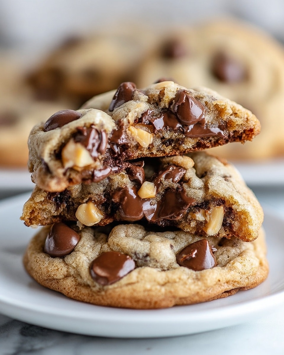 The image shows nine round chocolate chip cookies with pieces of chopped nuts on top placed evenly on a sheet of parchment paper. Each cookie has a light golden-brown dough with visible melted and slightly shiny chocolate chips scattered throughout, some large and slightly melted while others retain their shape, and crunchy chunks of light brown nuts embedded on the surface. The cookies have a soft texture with slight cracks, giving a fresh-baked look, and are arranged in a grid pattern with some space between them. The background is a white marbled texture under the parchment paper. Photo taken with an iphone --ar 4:5 --v 7