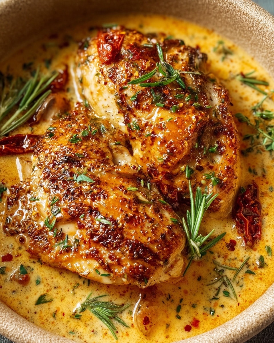 The dish shows three pieces of golden-brown cooked chicken thighs sitting in a creamy light yellow sauce with visible herbs and small bits of cooked onions. There are crispy dark red-brown pieces of bacon scattered on top and around the chicken. Fresh green thyme sprigs rest on the chicken, adding a pop of color. The sauce has a smooth, slightly bubbly texture with a glossy shine. All this is in a white bowl placed on a white marbled texture. photo taken with an iphone --ar 4:5 --v 7