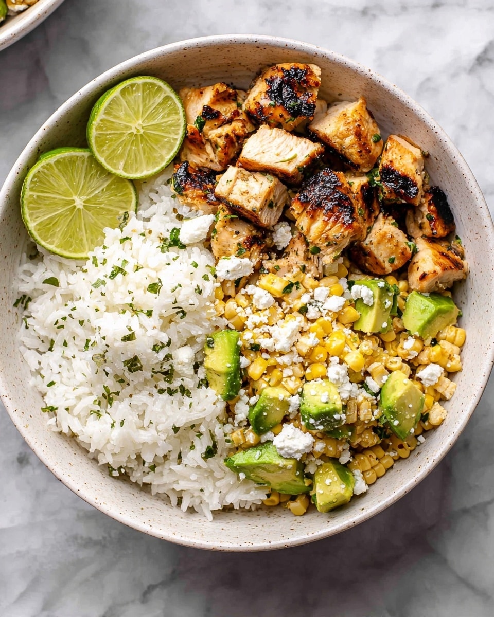 A white bowl filled with three main layers: on one side, white rice sprinkled with small green herb pieces; next to it, grilled chicken pieces with a light brown charred surface; and on the other side, grilled corn cut into chunks mixed with small green avocado pieces and white crumbly cheese on top. Two lime wedges sit on the edge of the rice. The bowl is placed on a white marbled surface. Photo taken with an iphone --ar 4:5 --v 7