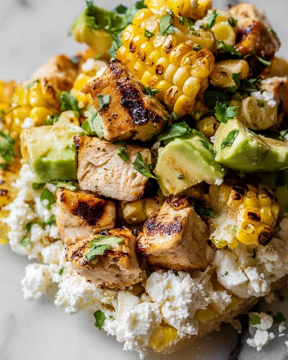 The dish shows three main layers of food arranged closely. The bottom layer is a crumbly white cheese spread unevenly with a soft texture. Above this are cubes of grilled chicken, browned with a slightly charred texture and a light brown color with some darker spots. The top layer features pieces of grilled corn cut into small rounds, displaying a bright yellow color with char marks giving a slightly blackened appearance, along with chunks of avocado in a light green hue accented with fresh green herb bits sprinkled on top. The food is set against a white marbled surface. photo taken with an iphone --ar 4:5 --v 7