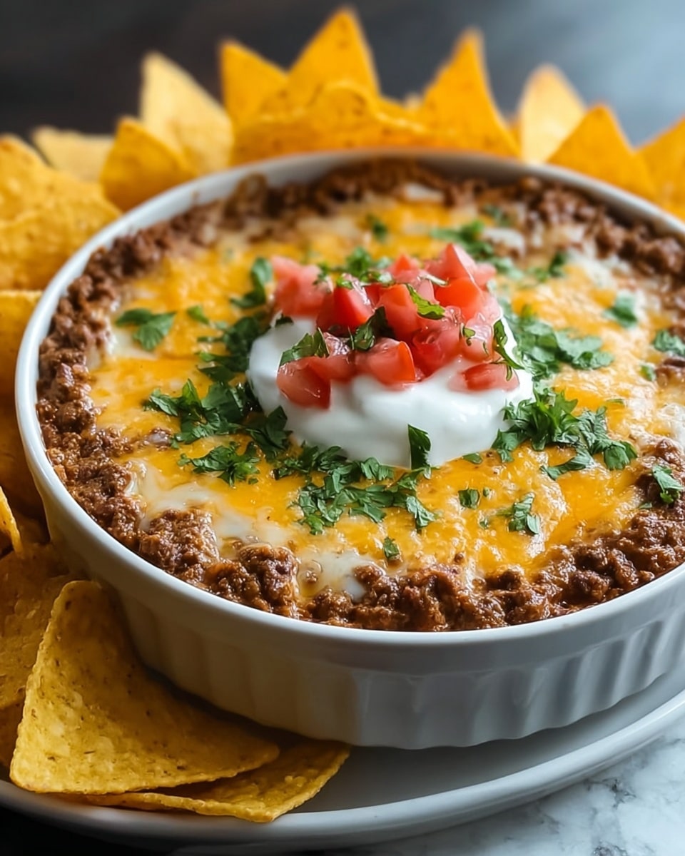 A round white bowl filled with a layered dip. The bottom layer is a chunky ground beef mixture in brown color. On top of that is a golden yellow melted cheese layer mixed with some white melted cheese. In the center sits a dollop of white sour cream topped with fresh green chopped cilantro and small pieces of red tomato. Around the edge of the bowl are several triangular yellow tortilla chips standing upright. The bowl is placed on a white marbled surface. photo taken with an iphone --ar 4:5 --v 7