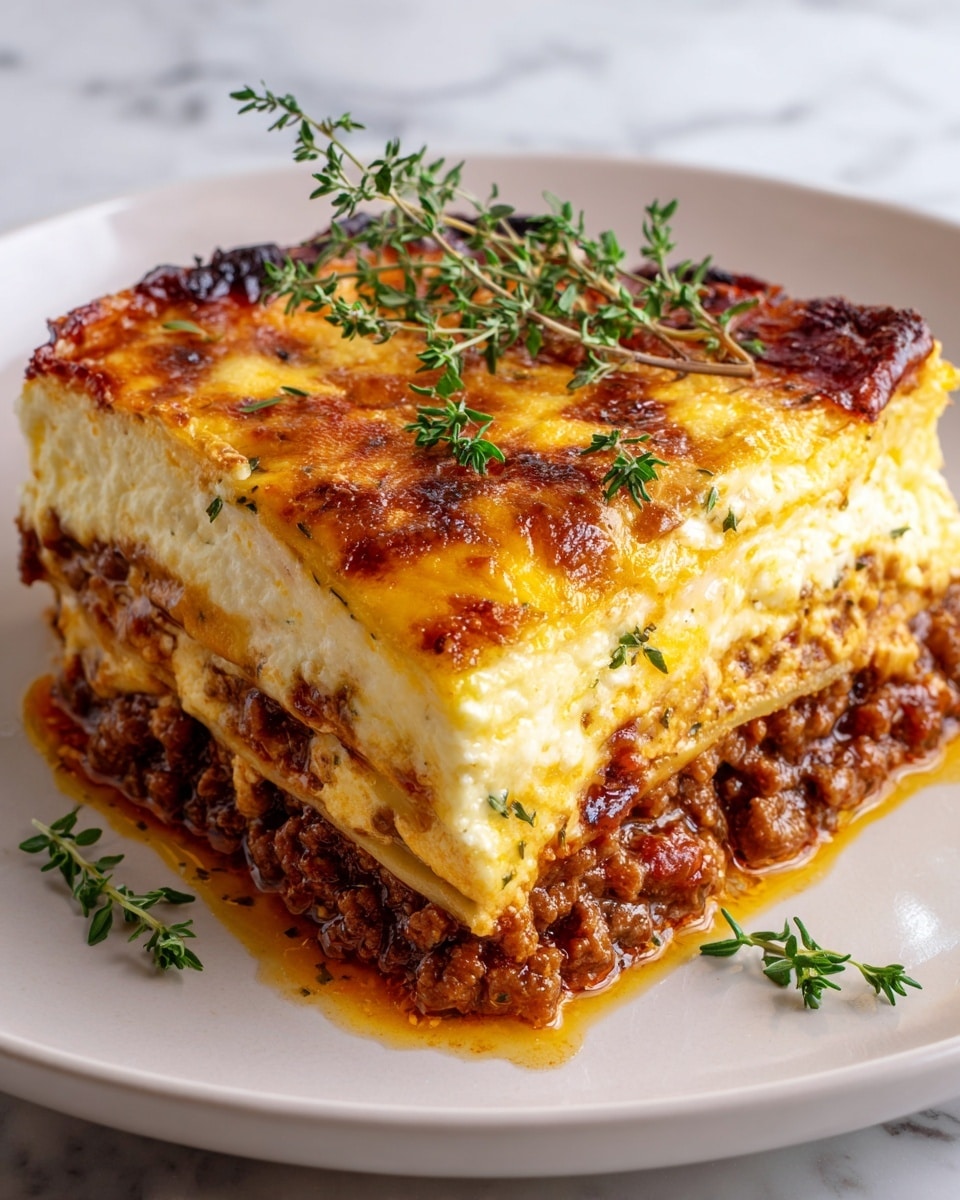 The image shows a close-up of a thick, layered lasagna on a white plate with a white marbled texture background. The lasagna has four visible layers: the bottom layer is a meaty, rich, dark brown sauce mixed with bits of vegetables and minced meat, followed by a creamy, light yellow cheese layer. Above this is another thick layer of the meaty sauce with dark bits, then topped with a golden-brown melted cheese layer that is slightly crispy and bubbly, garnished with fresh green thyme sprigs placed on top. The edges show the sauce slightly oozing out, giving a juicy, hearty look. photo taken with an iphone --ar 4:5 --v 7