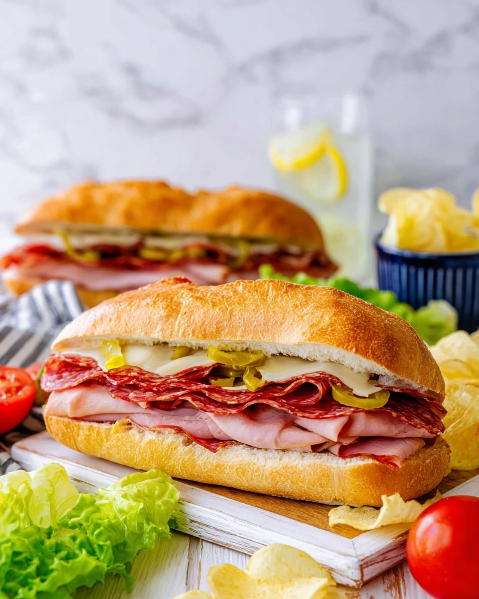 The image shows two hoagie sandwiches on a light wooden board set against a white marbled texture. Each sandwich has three clear layers inside a golden brown hoagie roll: thin slices of pepperoni and ham at the bottom, melted white cheese in the middle, and sliced yellow banana peppers on top. Around the sandwiches are scattered light yellow potato chips, a small glass bowl filled with banana peppers, a bunch of green leafy lettuce, a red tomato, and a clear glass with lemon water in the background. The warm colors and textures create a fresh and tasty look. Photo taken with an iphone --ar 4:5 --v 7