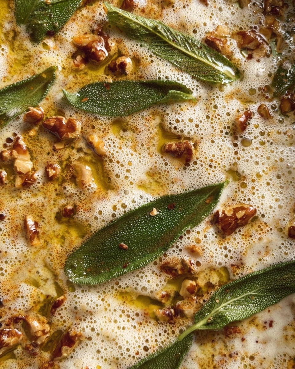 A close-up view of a golden liquid mixture with small pieces of browned nuts scattered throughout, topped with fresh green sage leaves that have a matte texture and are placed unevenly across the surface. The liquid has a frothy, creamy layer swirling gently among the nuts and leaves, creating a rich, textured appearance. The background is a white marbled texture that subtly contrasts with the warm colors of the dish. photo taken with an iphone --ar 4:5 --v 7