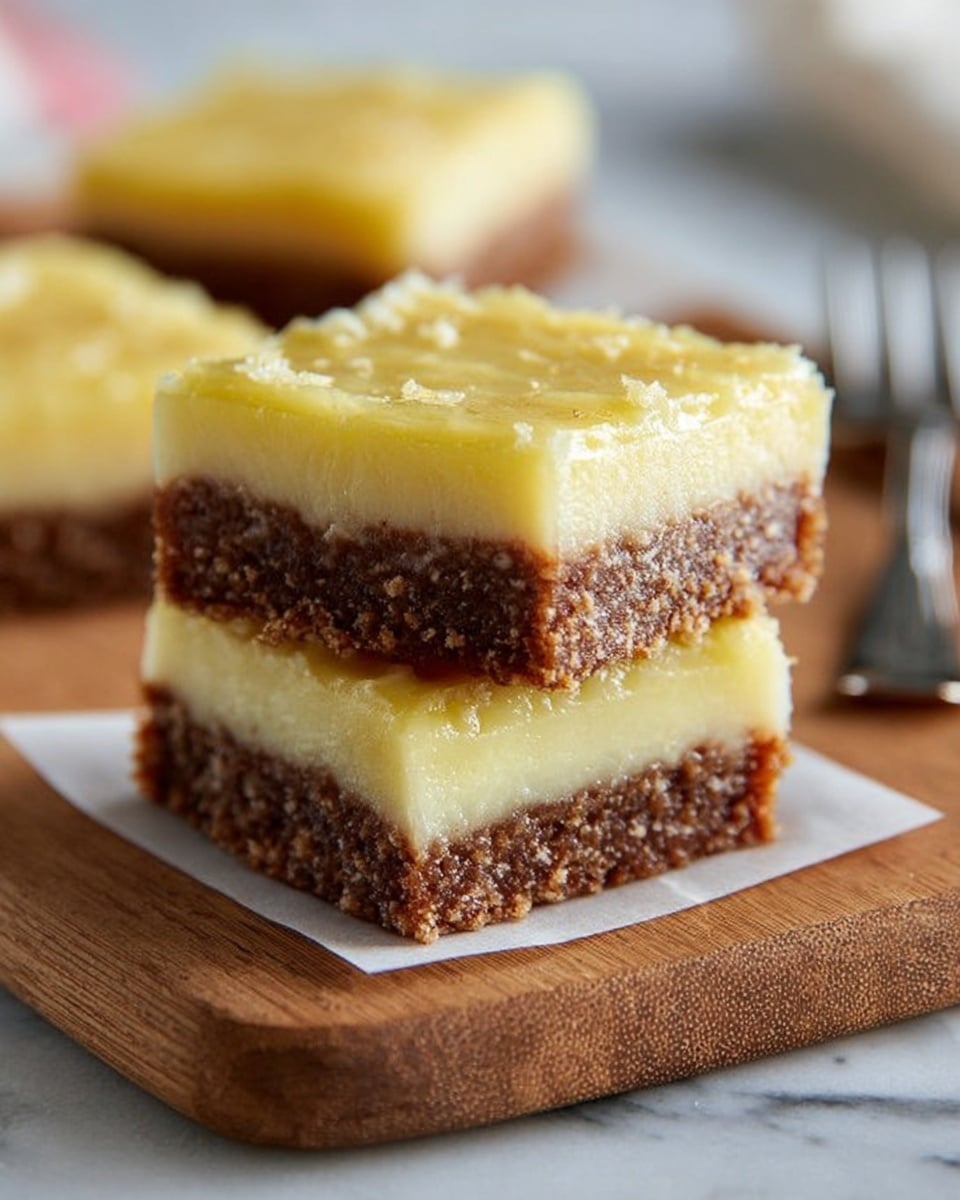 The image shows two square dessert bars stacked on top of each other on a wooden board placed on a white marbled surface. Each bar has two layers: the bottom layer is a dense brown crumbly base with a rough texture, and the top layer is a thick, creamy yellow topping with a slightly glossy and uneven surface, appearing moist and rich. The bars are cut cleanly into squares, and there is a small piece of parchment paper between the two bars. In the background, there is another similar bar slightly out of focus and a silver fork resting on the marbled surface. photo taken with an iphone --ar 4:5 --v 7