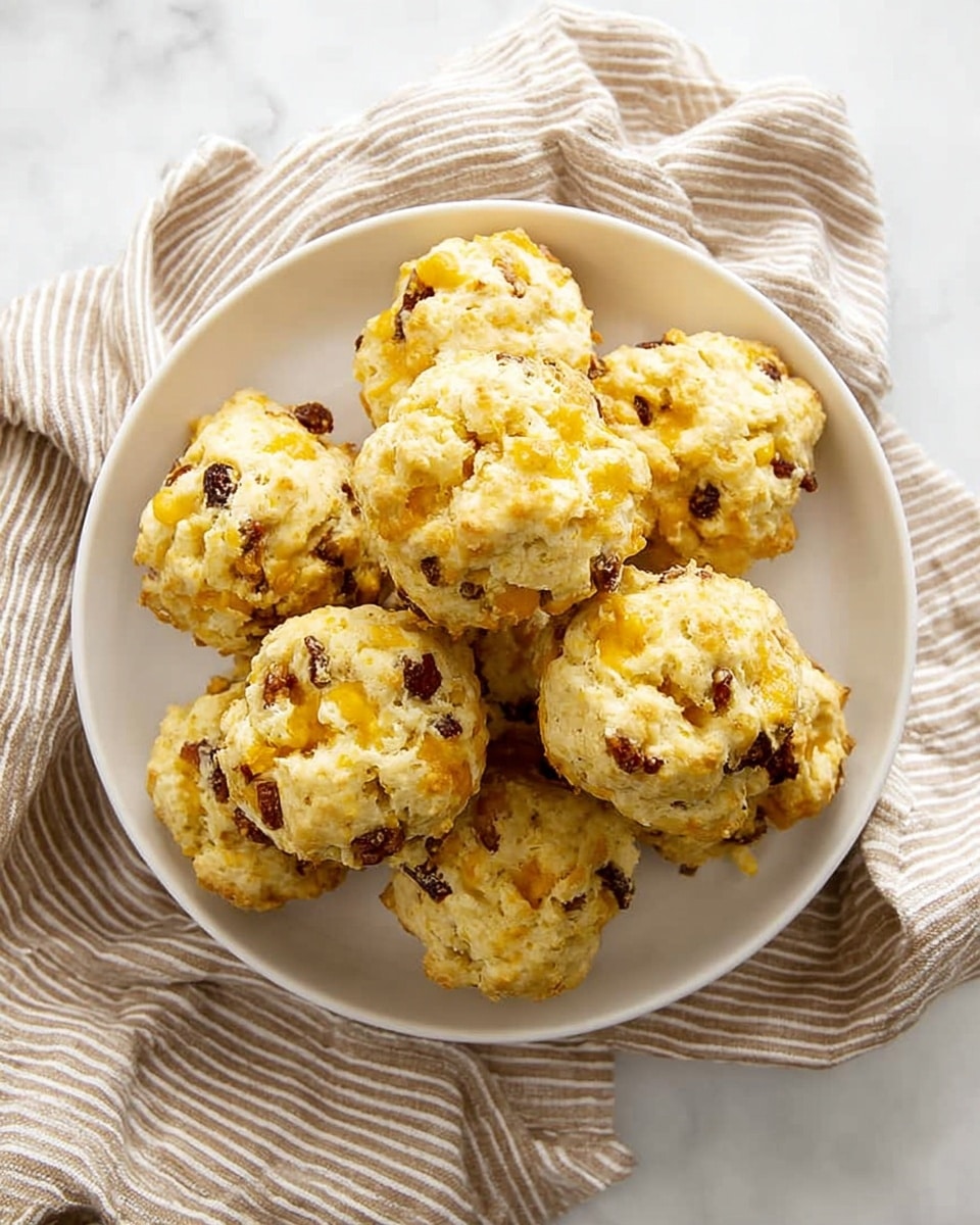 A white plate is filled with about ten small, round, golden-brown biscuit-like treats with a rough texture. Each has a crumbly, uneven surface with visible chunks of melted cheese that create bright yellow spots and bits of dark brown pieces, possibly bacon or nuts, mixed throughout. The plate sits on a white marbled texture surface with a light brown and white striped cloth casually draped around it in the background. The treats look warm and soft, piled loosely but closely together. photo taken with an iphone --ar 4:5 --v 7