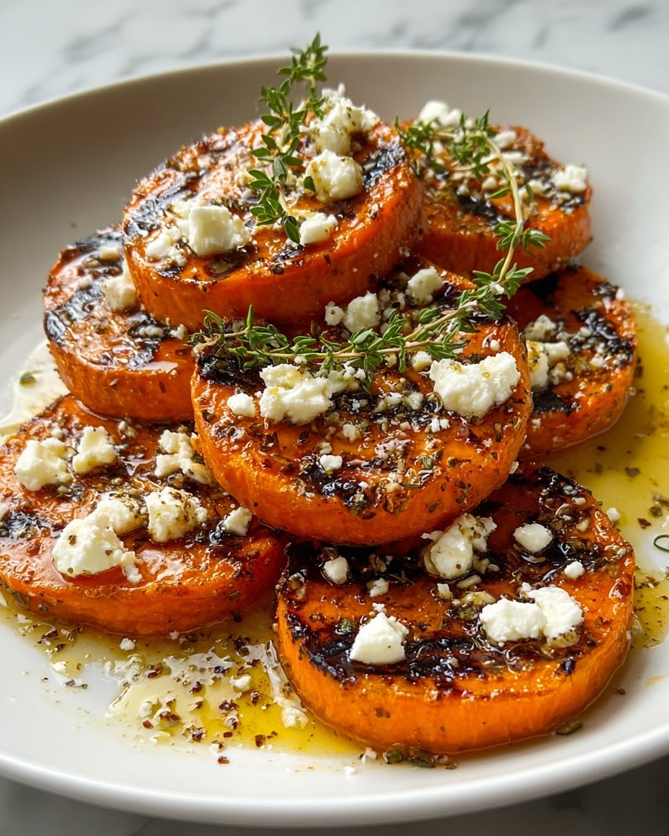 The image shows five thick, round slices of roasted orange sweet potato arranged in a slightly overlapping pile on a white plate. Each slice is grilled with visible char marks and glistens with a shiny glaze, likely oil or honey. The sweet potatoes are topped with small crumbles of white cheese scattered unevenly across each slice. Fresh green thyme sprigs are placed on top and around, adding a touch of color contrast. The dish is lightly sprinkled with coarse black pepper and some herbs, with a golden drizzle pooling on the plate beneath the layers. The surface beneath the plate is a white marbled texture. photo taken with an iphone --ar 4:5 --v 7