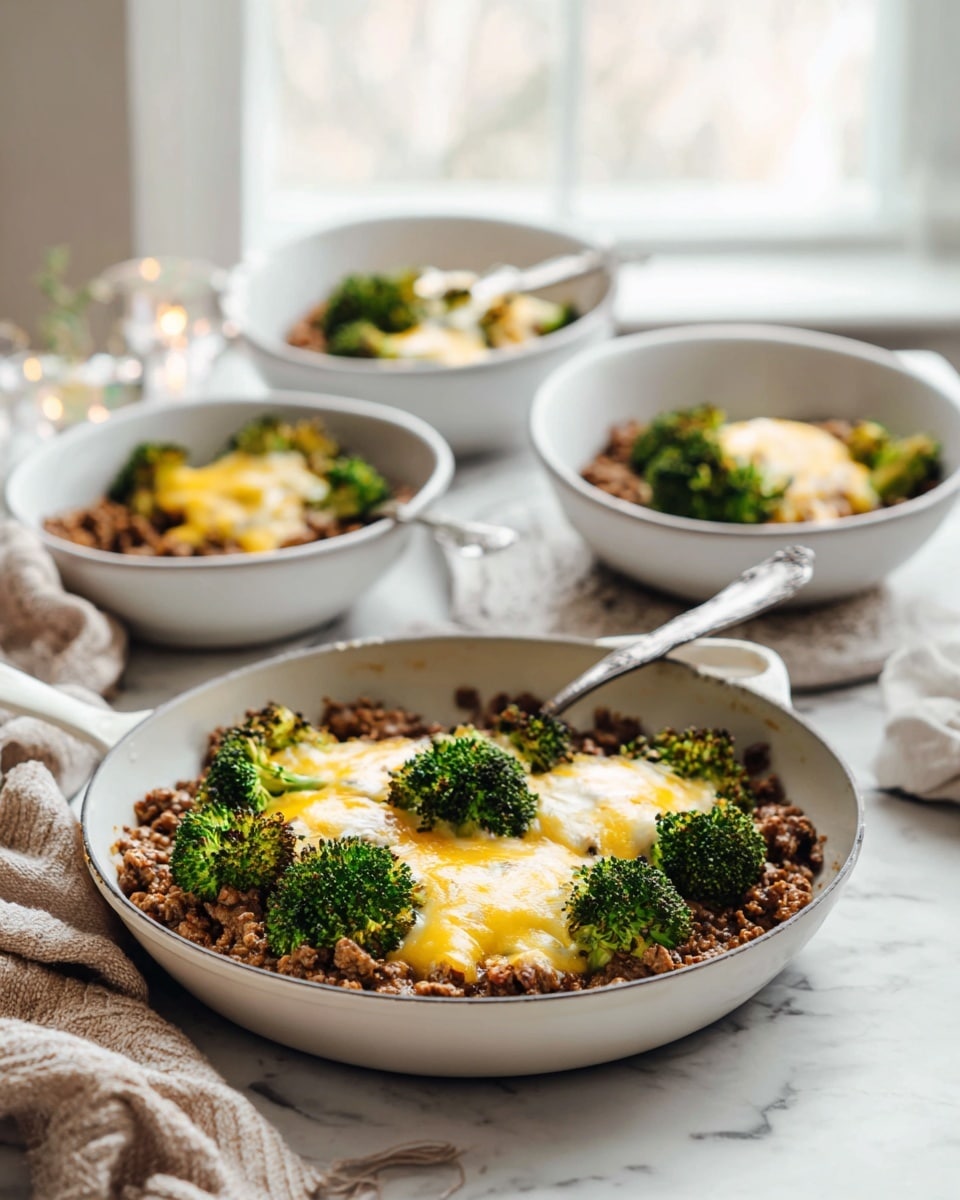 The image shows a white pan filled with a layered dish placed on a white marbled surface. The bottom layer is ground meat with a brown color and crumbly texture, topped with bright green broccoli florets arranged evenly around the pan. On top, there is a layer of melted yellow and white cheese spread across the dish, creating a gooey texture. In the background, three white bowls each have a serving of the same dish, showing the same layers of brown meat, green broccoli, and melted cheese. A silver spoon rests inside the pan, and a beige cloth is placed nearby. The setting is bright with soft light coming from window behind, giving a fresh and cozy feel. Photo taken with an iphone --ar 4:5 --v 7