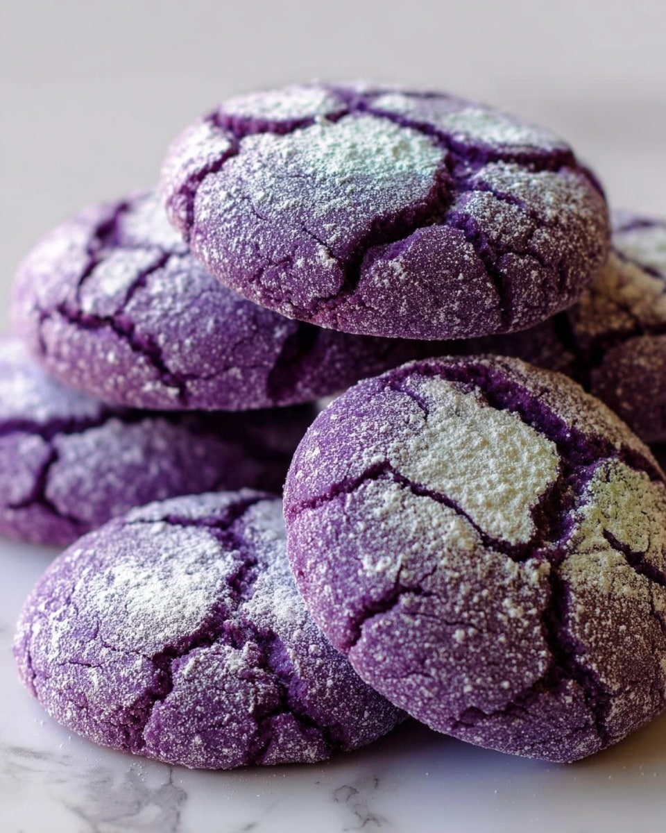 The image shows several round, cracked cookies with a soft, crumbly texture. Each cookie has a deep purple color with a dusting of white powdered sugar that highlights the cracks on the surface. The cookies are stacked slightly overlapping each other on a white marbled surface, giving a close-up view that emphasizes their detailed textures and vibrant color. photo taken with an iphone --ar 4:5 --v 7