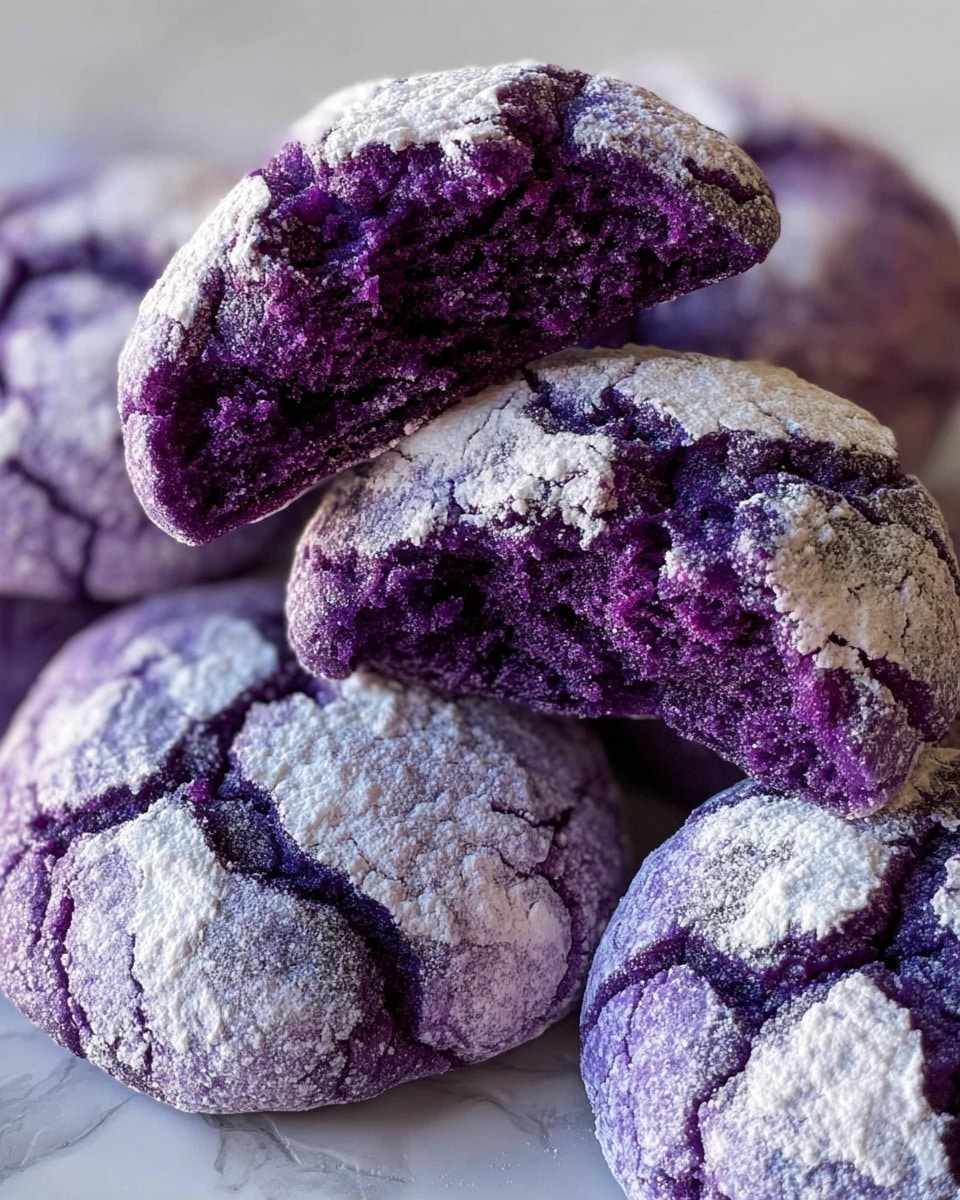 A close-up of several round purple cookies with a cracked surface covered in white powdered sugar. The cookies show a deep purple interior that looks soft and crumbly, with the powdered sugar forming irregular patches on top. One cookie is broken in half and positioned on top of another, highlighting the textured and moist inside. The cookies are placed on a white marbled texture. photo taken with an iphone --ar 4:5 --v 7