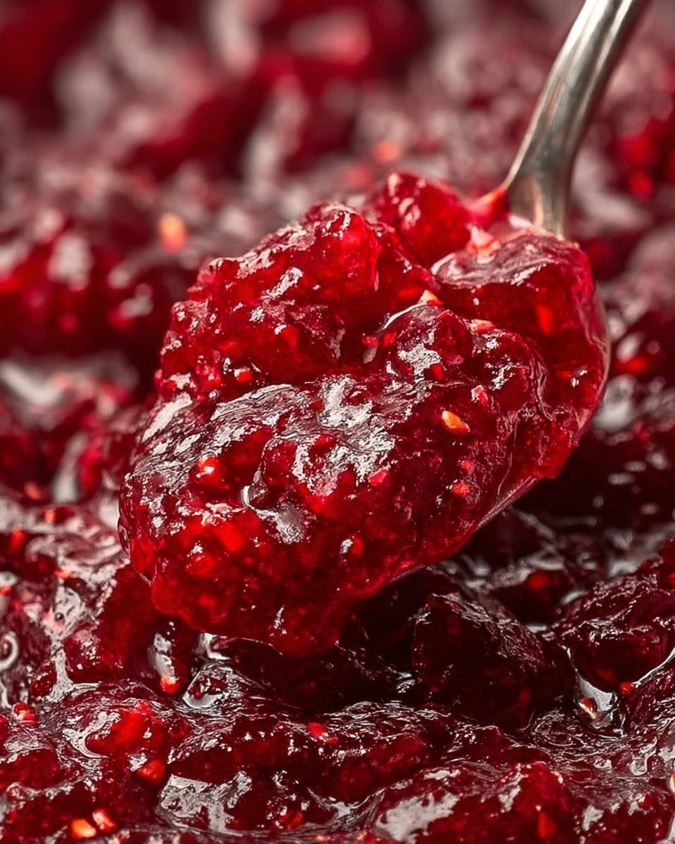 The image shows a close-up view of thick, chunky red jam with visible pieces of fruit throughout. The jam has a shiny, glossy surface with a rich, deep red color and a sticky texture. A shiny silver spoon scoops up a generous amount of jam, highlighting its thick, textured consistency and the small seeds scattered in the jam. The background shows more of the red jam, spread out evenly with the same glossy and chunky appearance. photo taken with an iphone --ar 4:5 --v 7